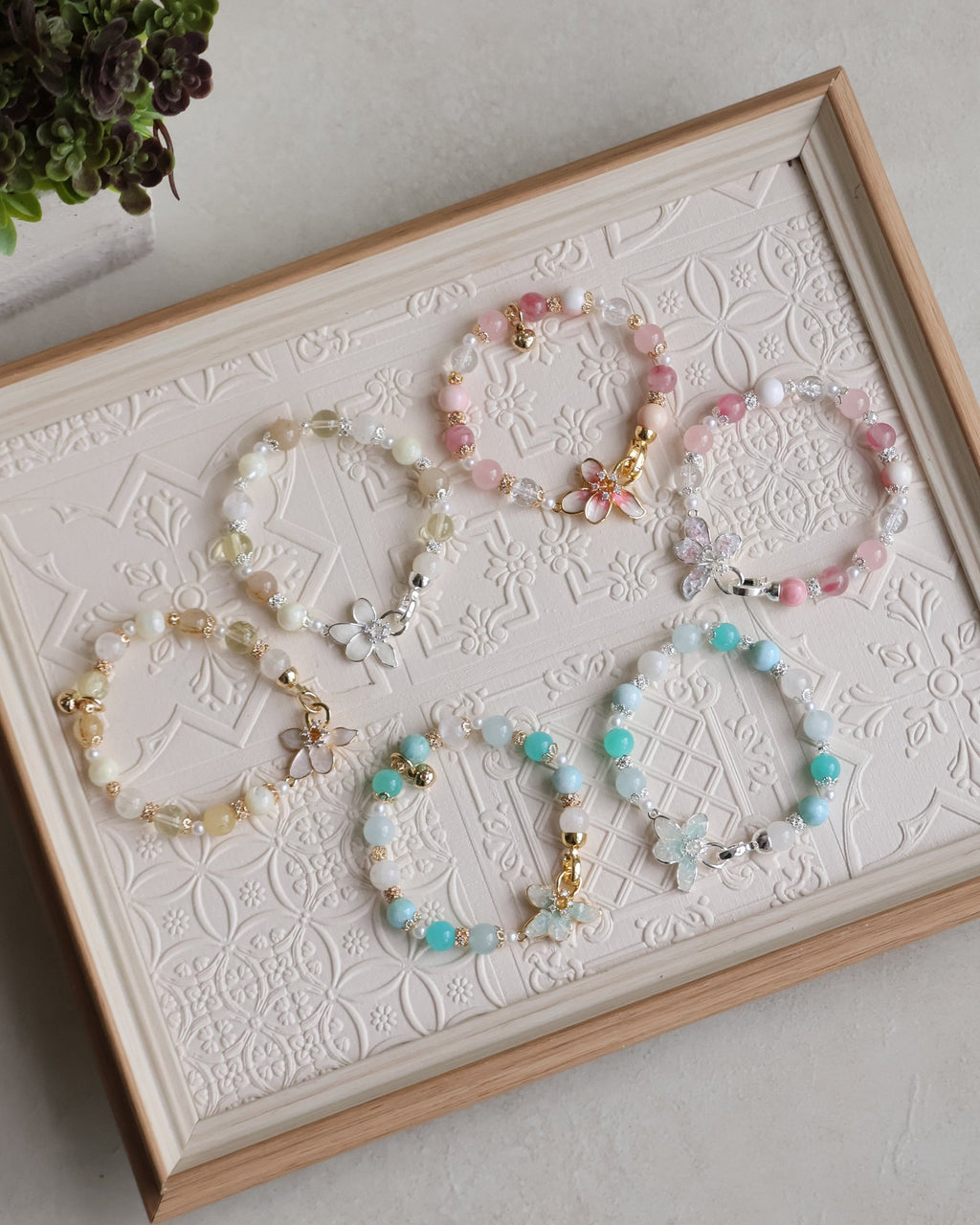 Aquamarine, Larimar, White Garden Quartz & Amazonite ¡ª Plumeria Blue | 8mm (Elastic, OT Clasp)