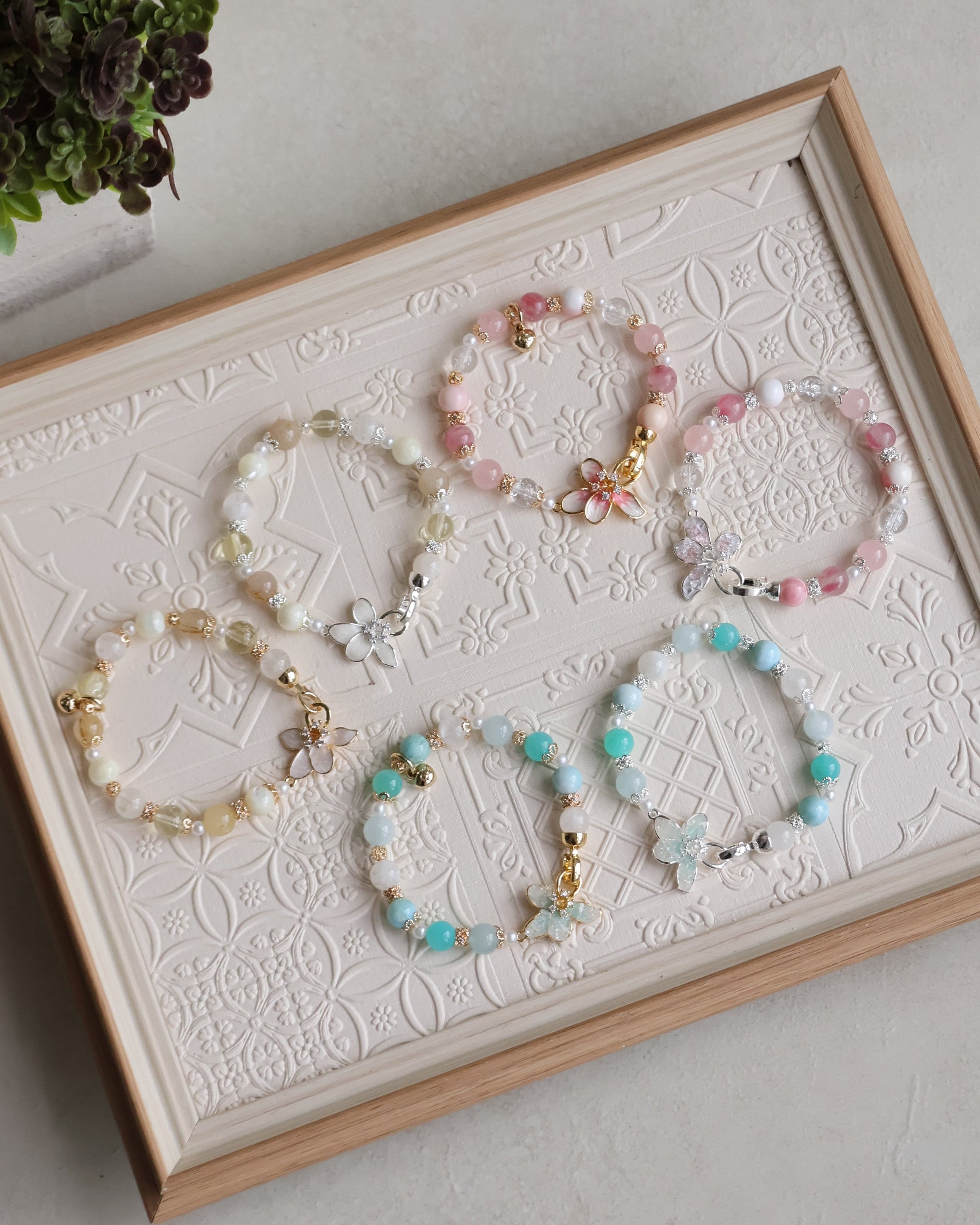 Aquamarine, Larimar, White Garden Quartz & Amazonite ¡ª Plumeria Blue | 8mm (Elastic, OT Clasp)