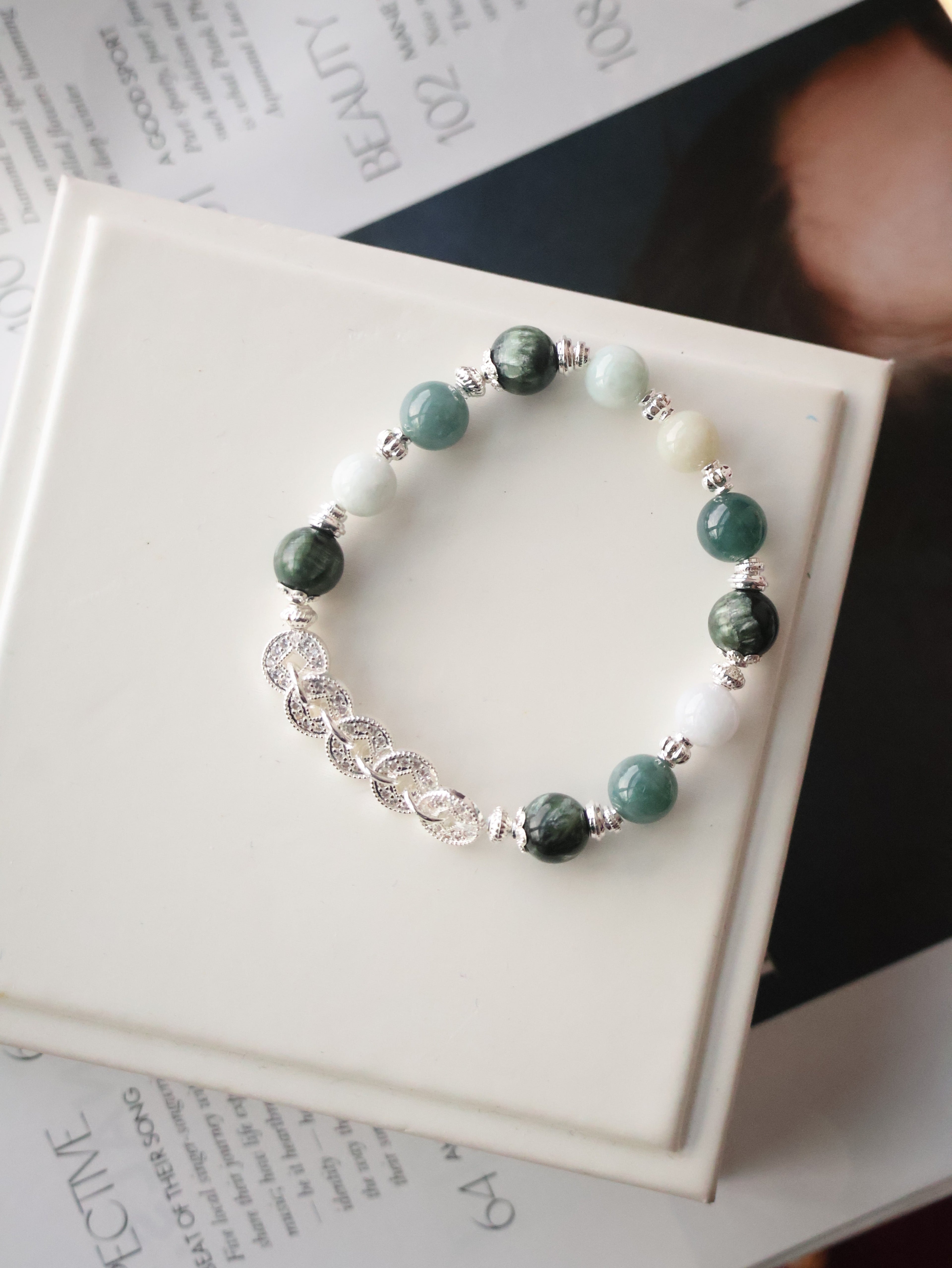 Seraphinite, Blue Water Jadeite & Green Jadeite Crystal Bracelet ¡ª Fengshui Coins Eirene | 8mm (Elastic)