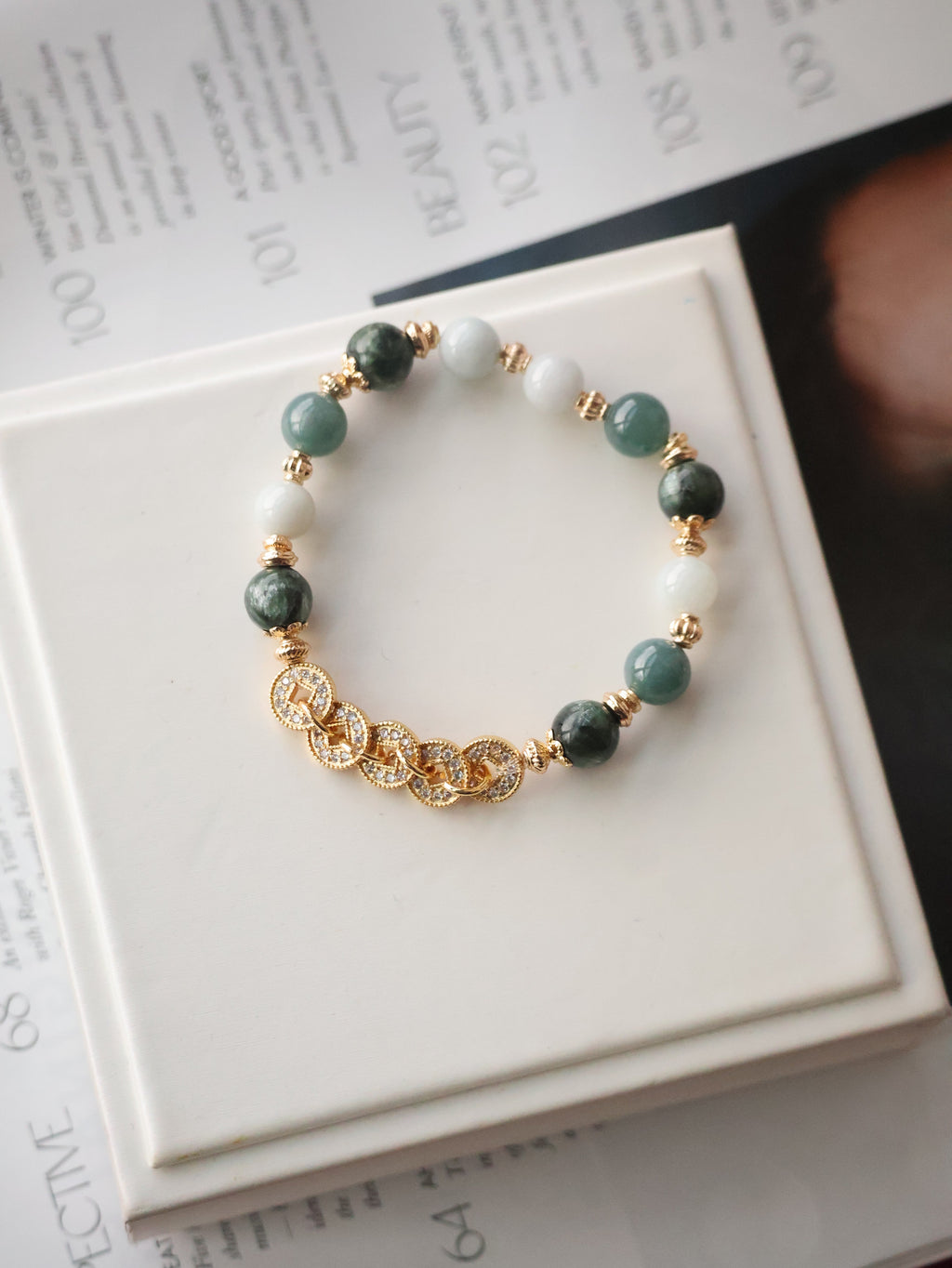 Seraphinite, Blue Water Jadeite & Green Jadeite Crystal Bracelet ¡ª Fengshui Coins Eirene | 8mm (Elastic)