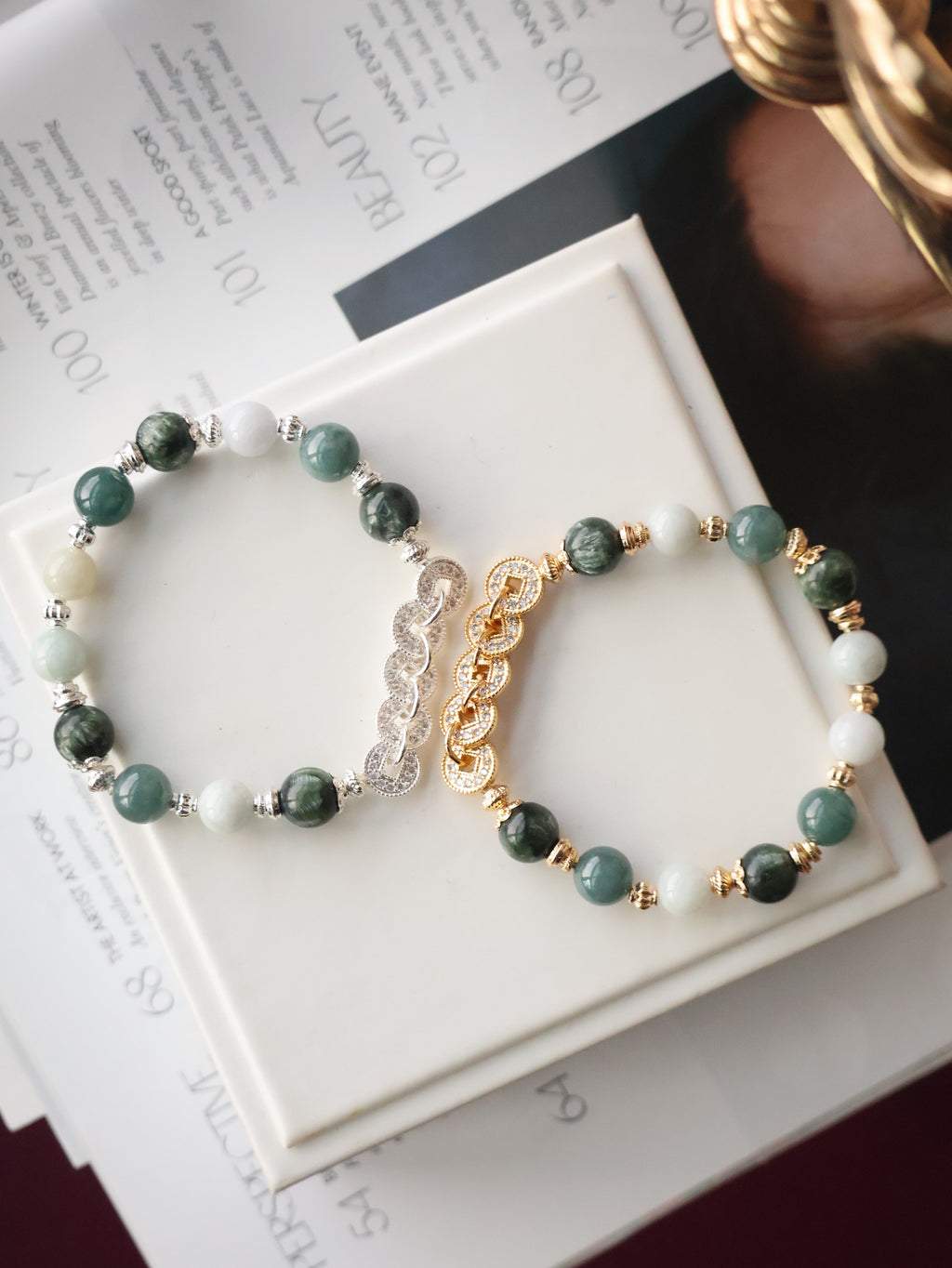 Seraphinite, Blue Water Jadeite & Green Jadeite Crystal Bracelet ¡ª Fengshui Coins Eirene | 8mm (Elastic)