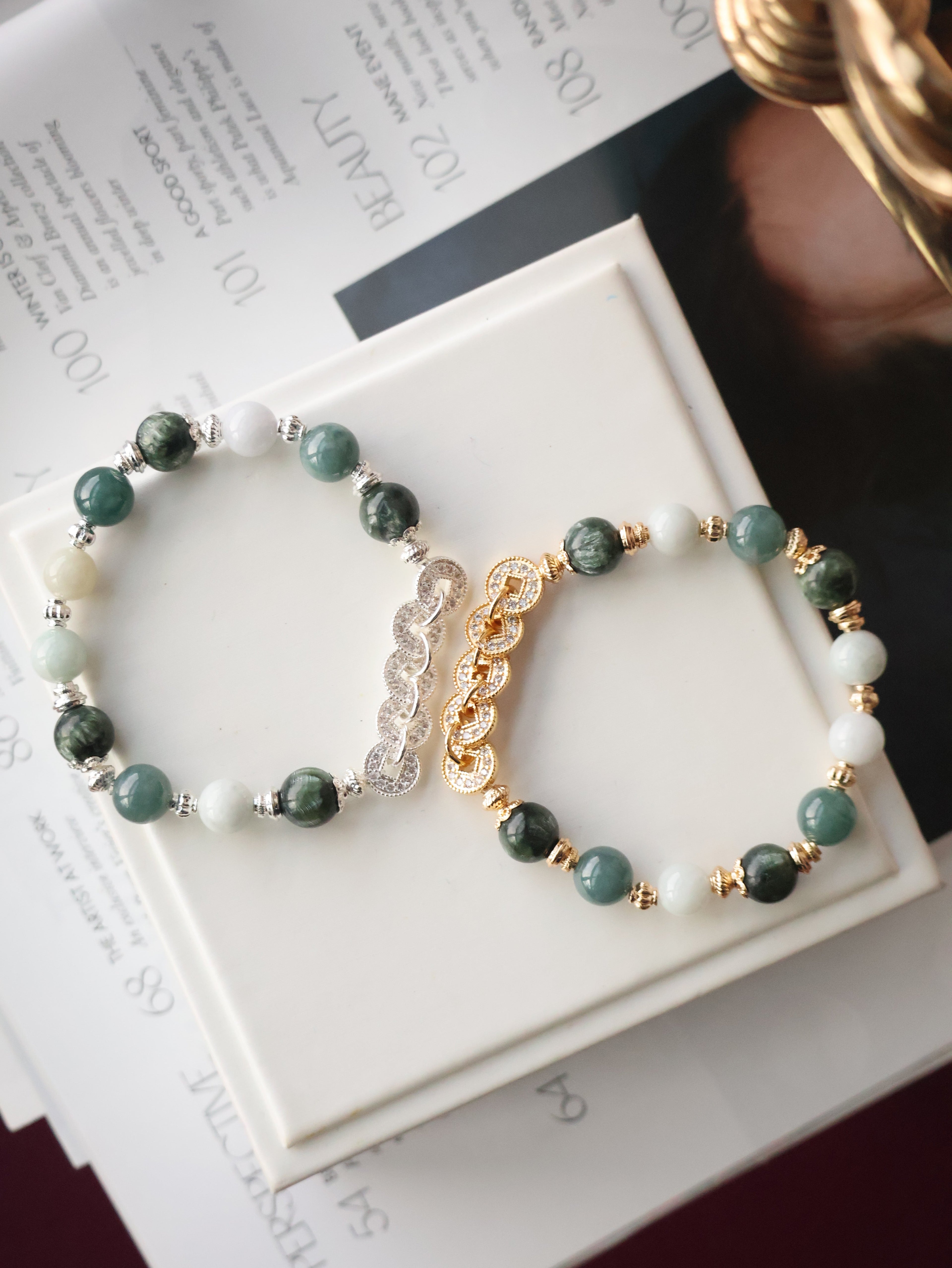 Seraphinite, Blue Water Jadeite & Green Jadeite Crystal Bracelet ¡ª Fengshui Coins Eirene | 8mm (Elastic)