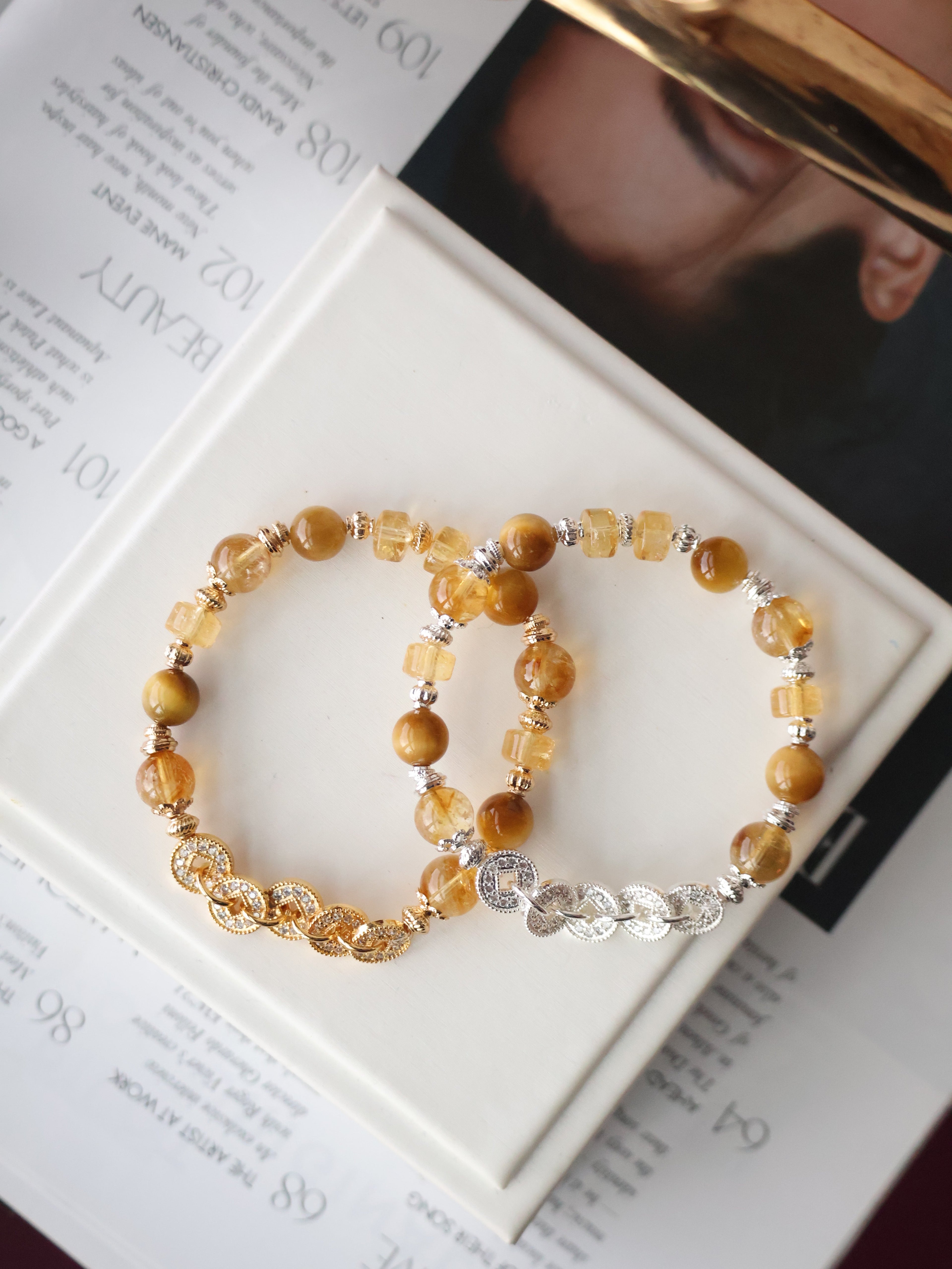 Citrine & Tiger¡¯s Eye Crystal Bracelet ¡ª Fengshui Coins Prospera | 8mm (Elastic)