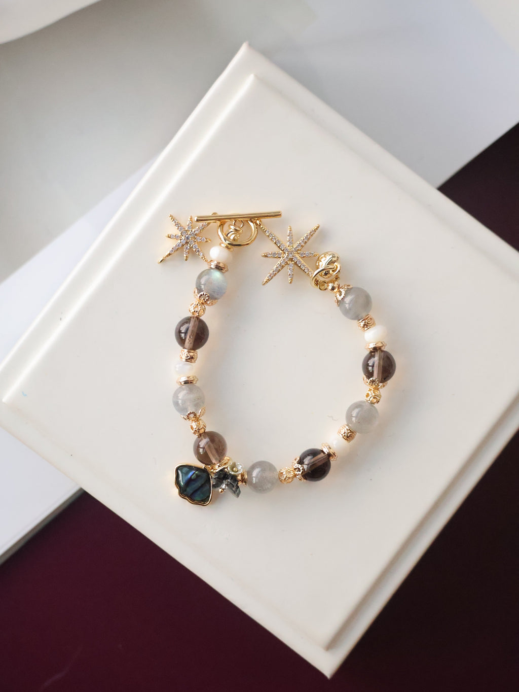 *Luna&Lithoss* Ursula - 8mm OT Clasp with Blue Seashell Charm: Labradorite, Smoky Quartz & White Conch(Elastic) Gold