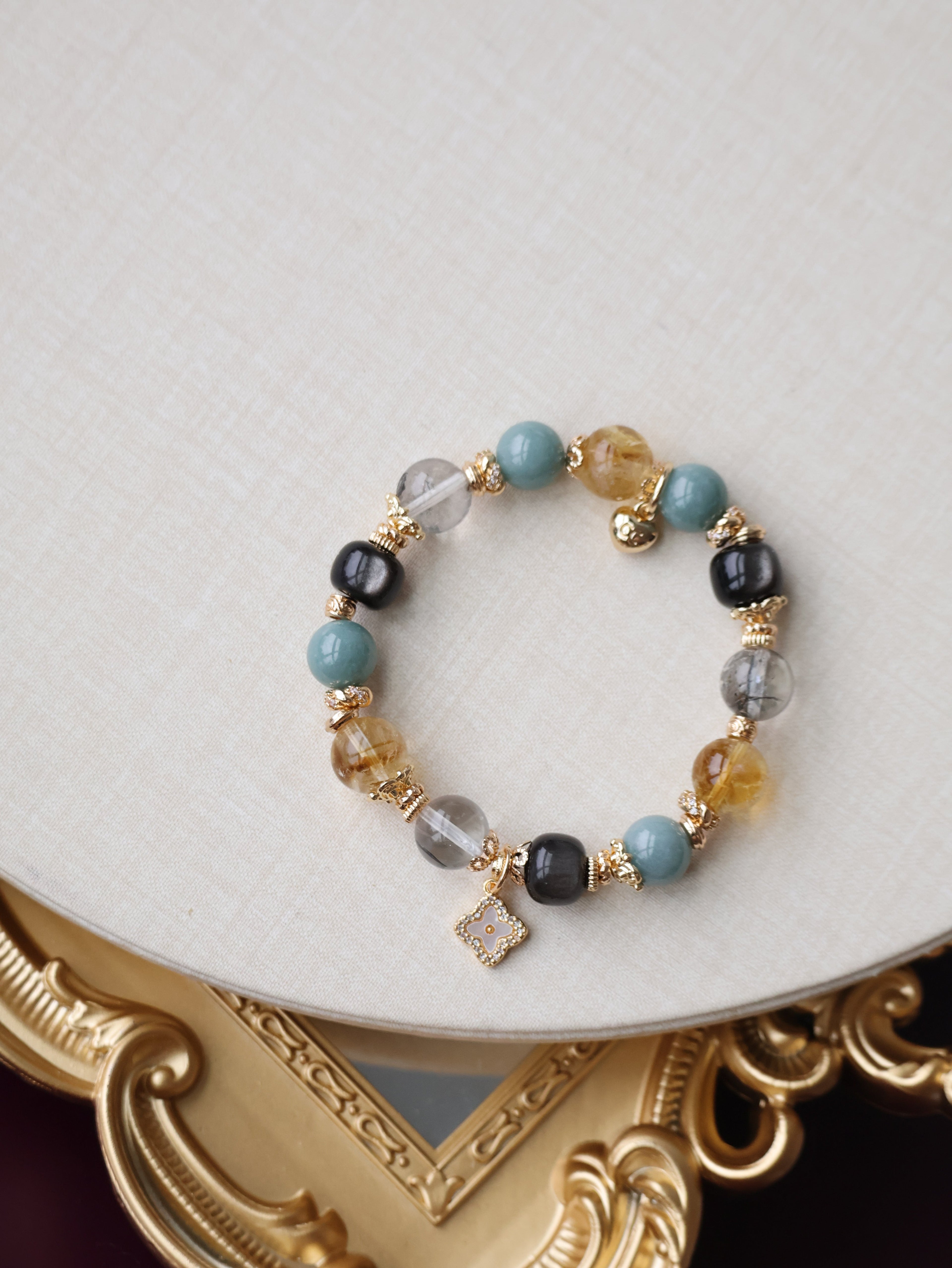 Citrine, Black Obsidian, Herkimer Diamond & Blue Water Jadeite Crystal Bracelet with Clover Charm ¡ª The Luxe Edit | 10mm (Elastic)