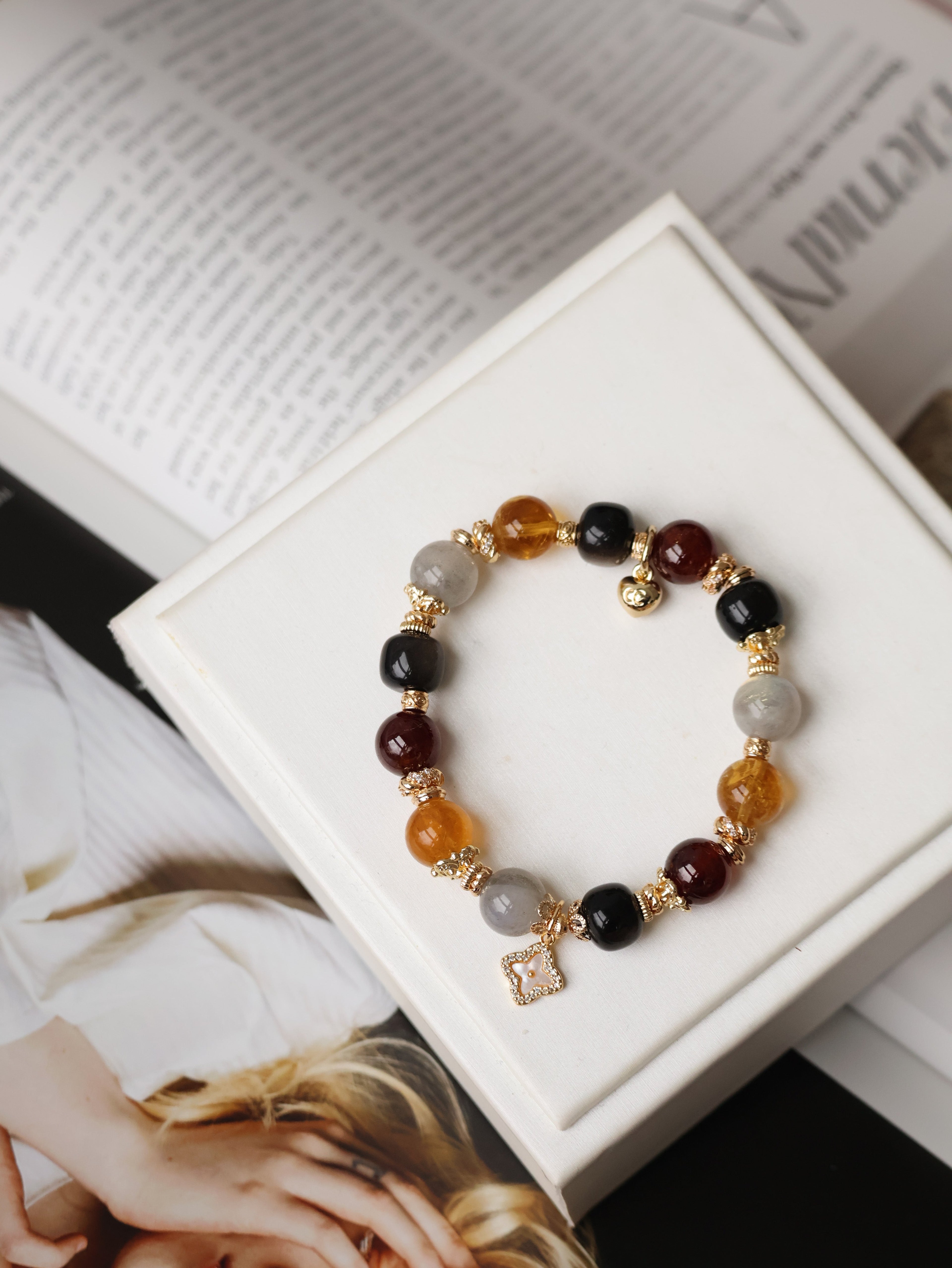 Citrine, Black Obsidian, Garnet & Labradorite Crystal Bracelet with Clover Charm ¡ª The Luxe Edit | 10mm (Elastic)