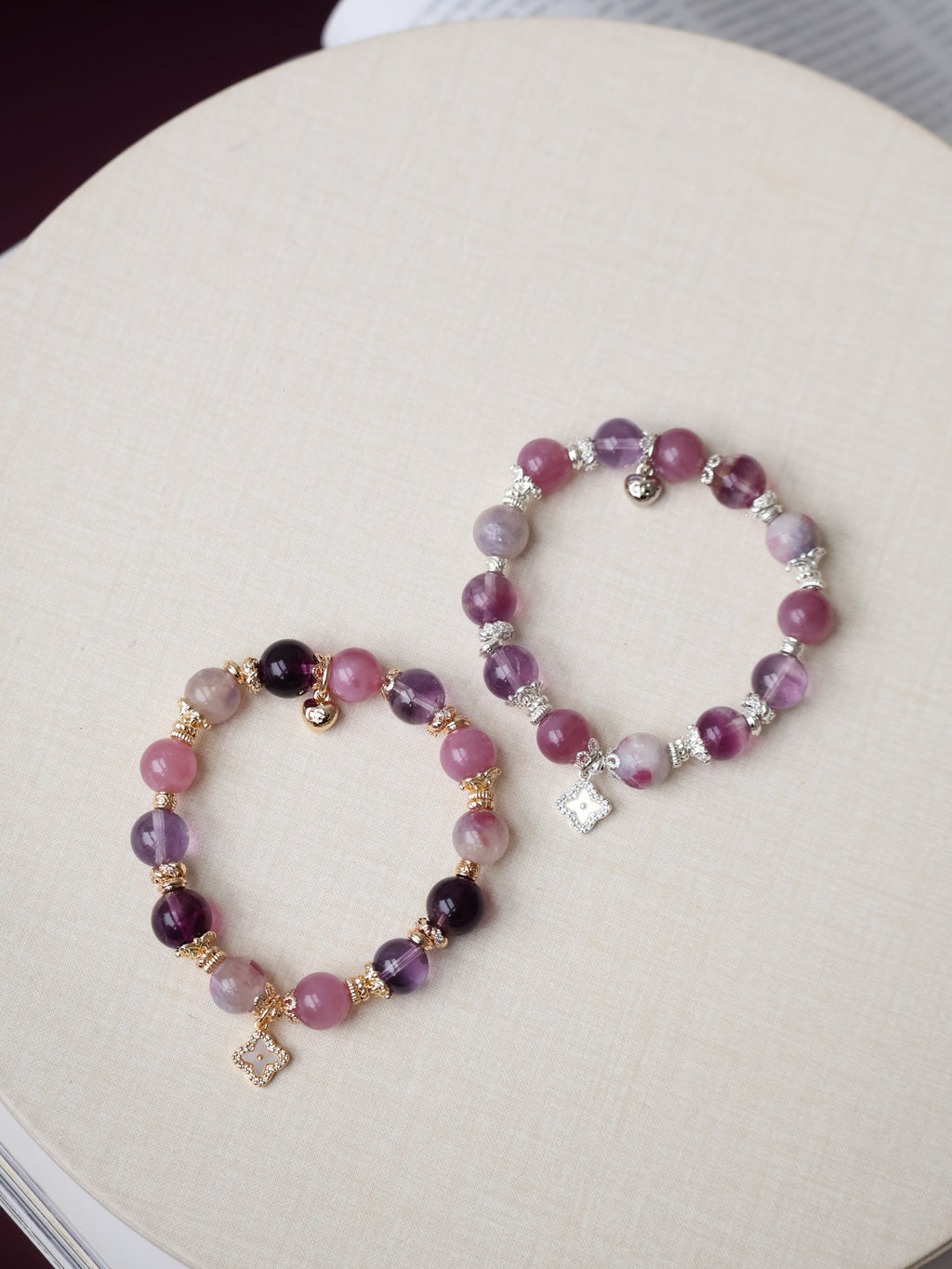 Lavender Rose Quartz, Amethyst, Unicorn Stone & Purple Fluorite Crystal Bracelet with Clover Charm ¡ª The Luxe Edit  | 10mm (Elastic)