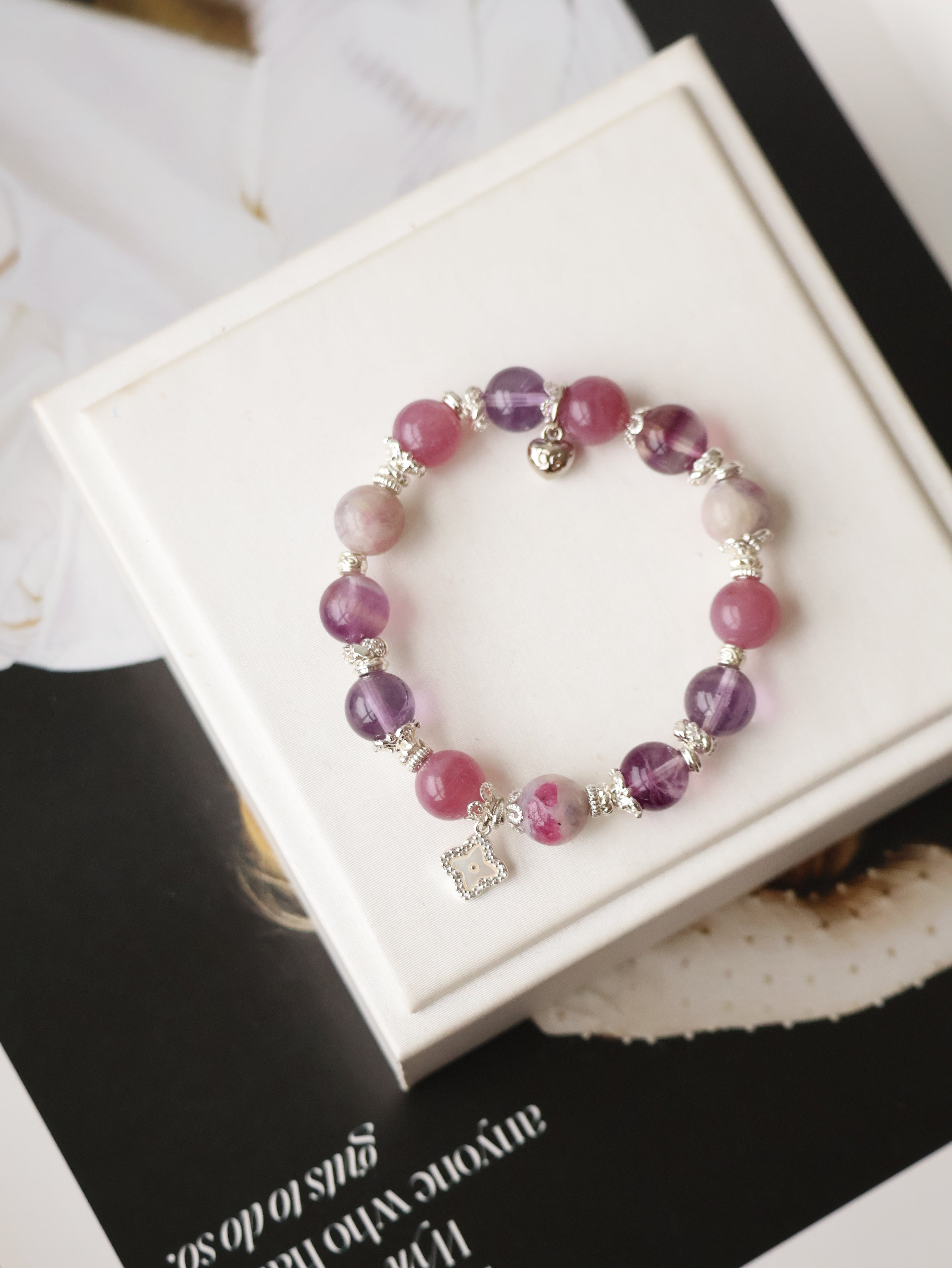 Lavender Rose Quartz, Amethyst, Unicorn Stone & Purple Fluorite Crystal Bracelet with Clover Charm ¡ª The Luxe Edit  | 10mm (Elastic)