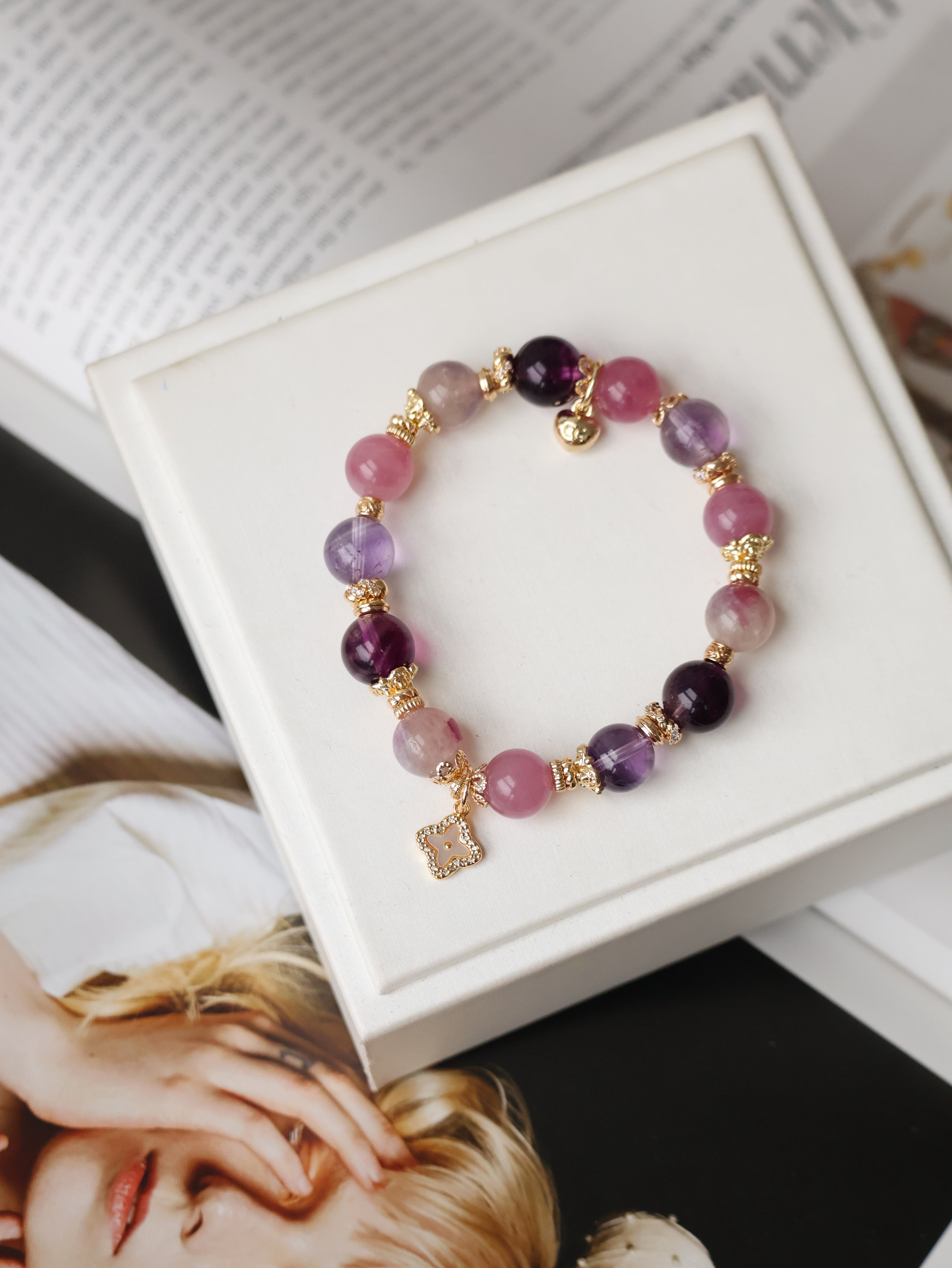 Lavender Rose Quartz, Amethyst, Unicorn Stone & Purple Fluorite Crystal Bracelet with Clover Charm ¡ª The Luxe Edit  | 10mm (Elastic)