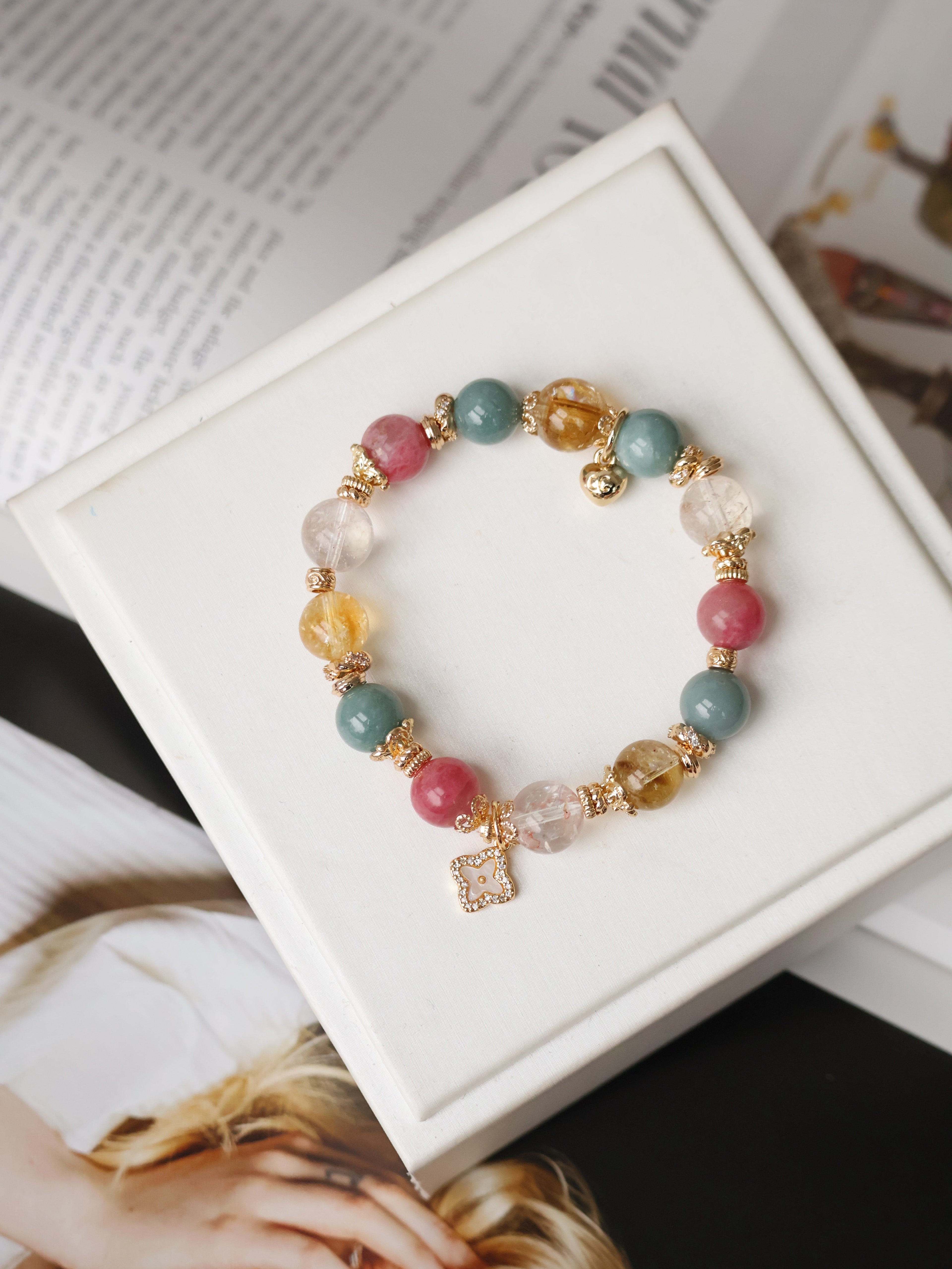 Citrine, Rhodonite, Rose Quartz & Blue Water Jadeite Crystal Bracelet with Clover Charm ¡ª The Luxe Edit | 10mm (Elastic)