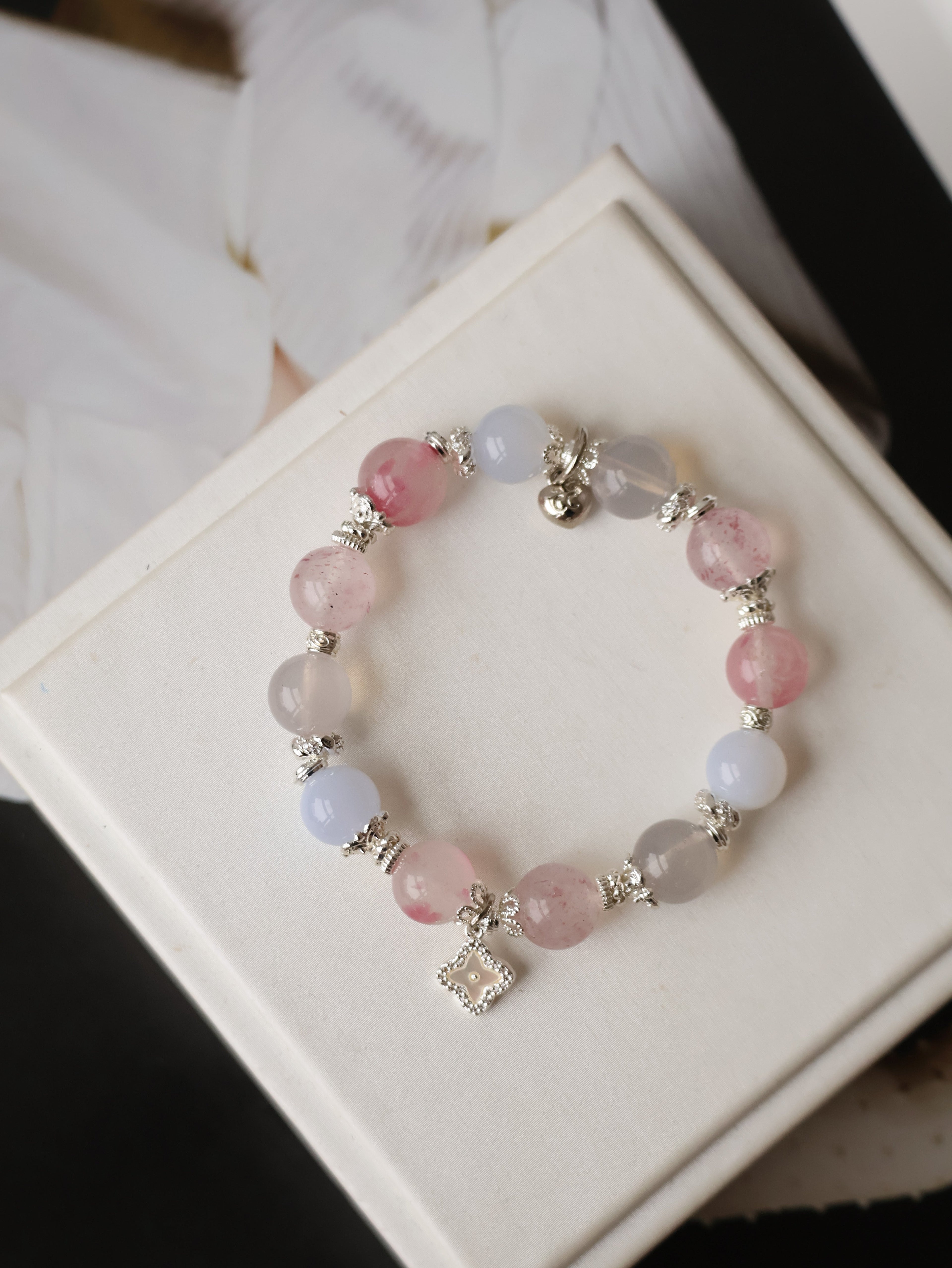 Strawberry Quartz, Blue Chalcedony, Rhodonite & Lavender Moon Quartz Crystal Bracelet with Clover Charm ¡ª The Luxe Edit | 10mm (Elastic)