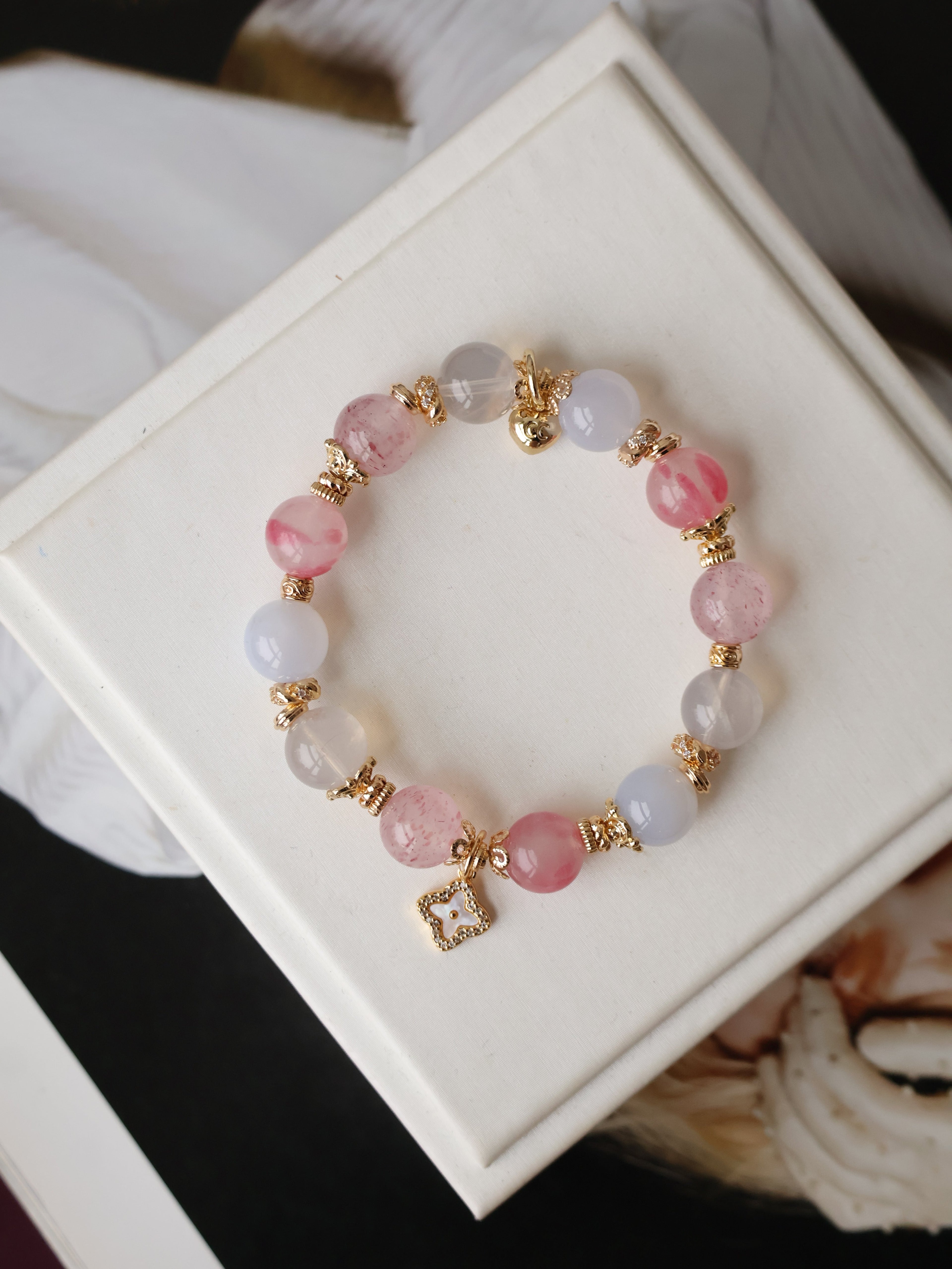 Strawberry Quartz, Blue Chalcedony, Rhodonite & Lavender Moon Quartz Crystal Bracelet with Clover Charm ¡ª The Luxe Edit | 10mm (Elastic)