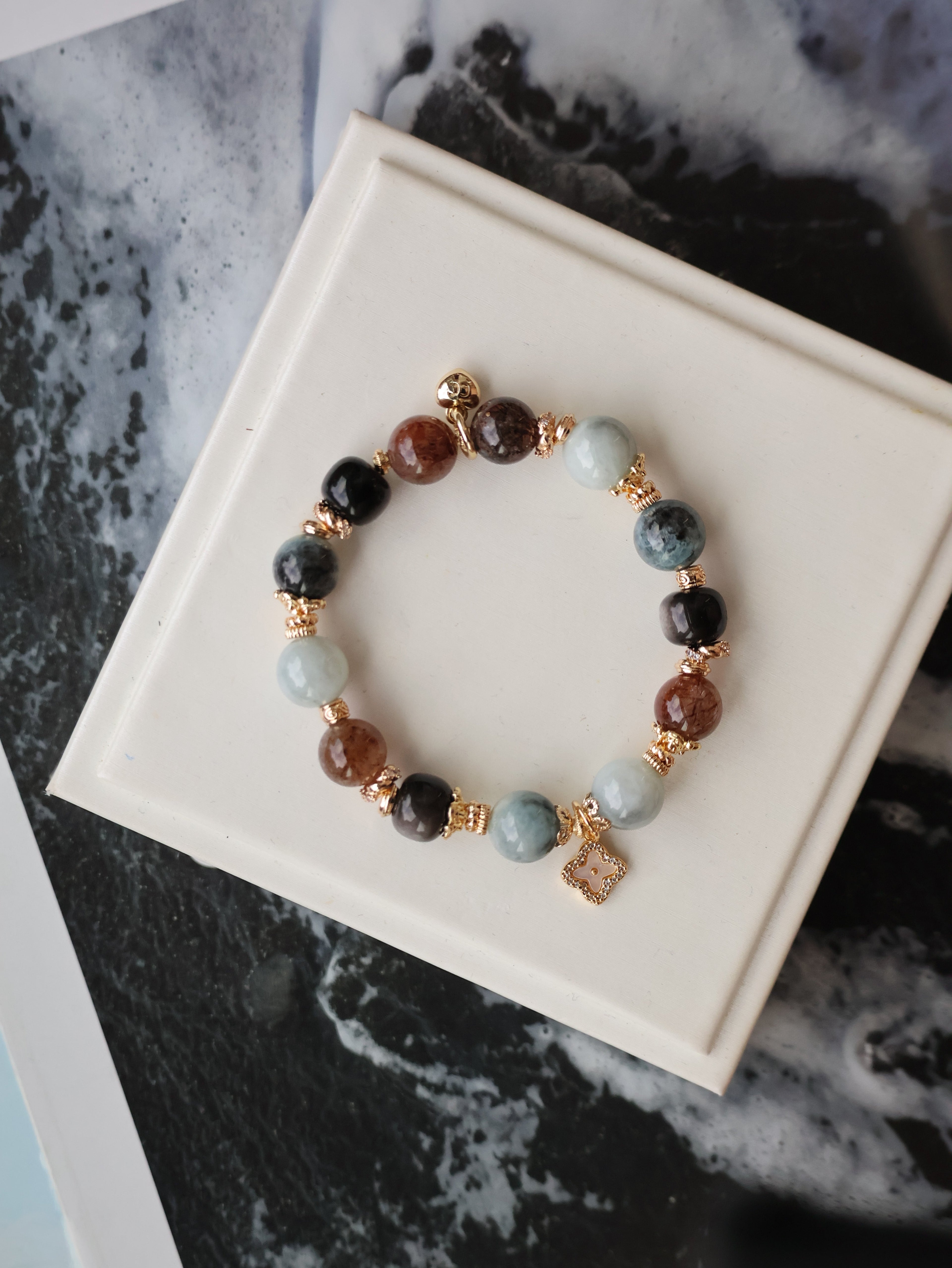 Black Obsidian, Black Gold Super 7, Devil Blue Aquamarine & Wuji Jadeite Crystal Bracelet with Clover Charm ¡ª The Luxe Edit | 10mm (Elastic)