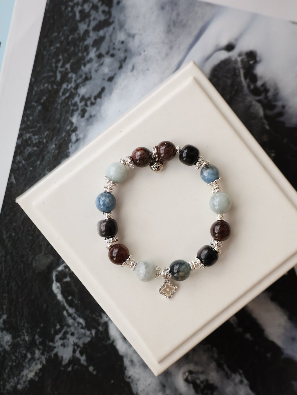 Black Obsidian, Black Gold Super 7, Devil Blue Aquamarine & Wuji Jadeite Crystal Bracelet with Clover Charm ¡ª The Luxe Edit | 10mm (Elastic)