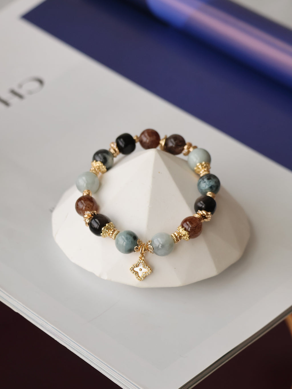 Black Obsidian, Black Gold Super 7, Devil Blue Aquamarine & Wuji Jadeite Crystal Bracelet with Clover Charm ¡ª The Luxe Edit | 10mm (Elastic)