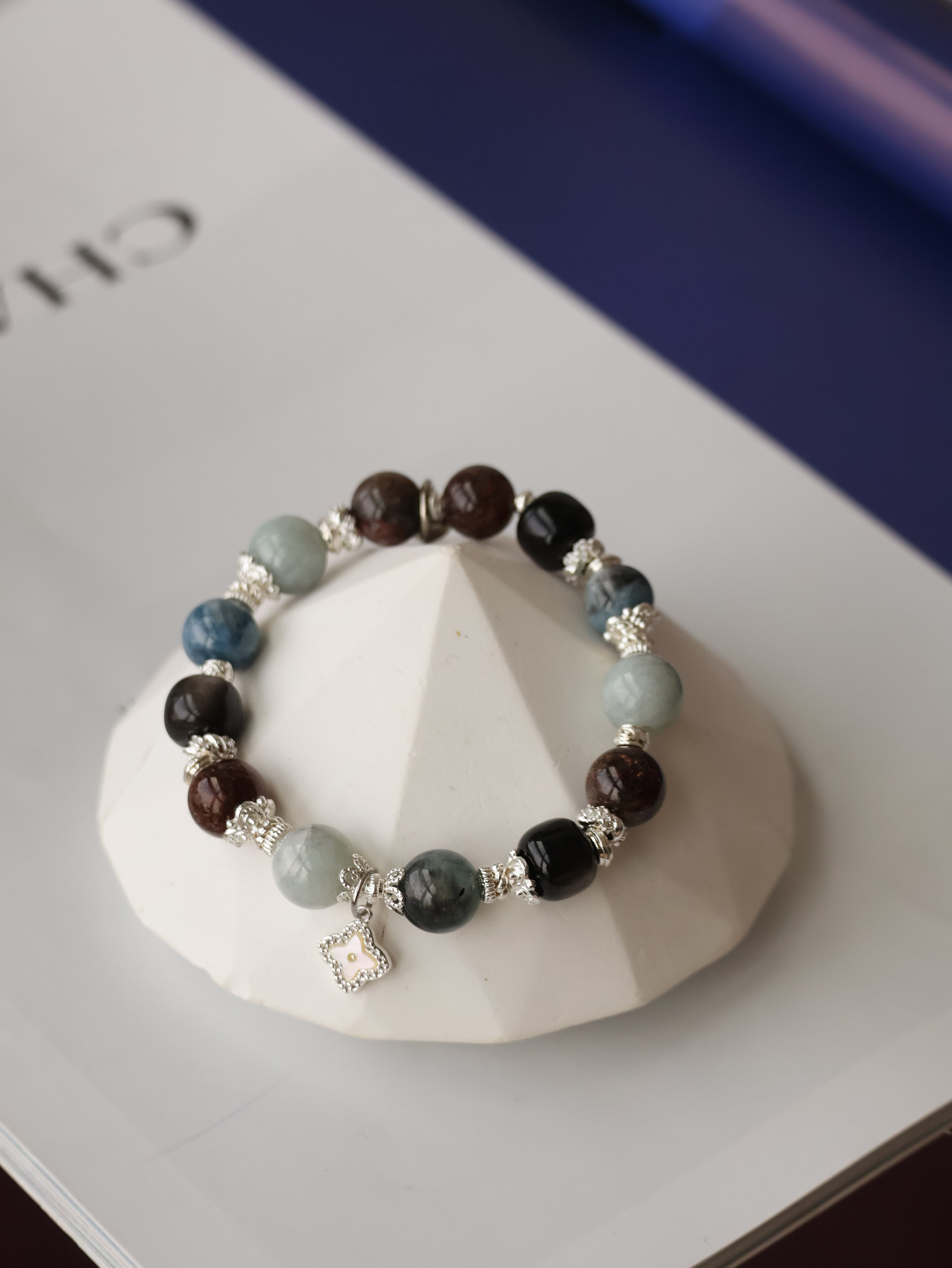 Black Obsidian, Black Gold Super 7, Devil Blue Aquamarine & Wuji Jadeite Crystal Bracelet with Clover Charm ¡ª The Luxe Edit | 10mm (Elastic)
