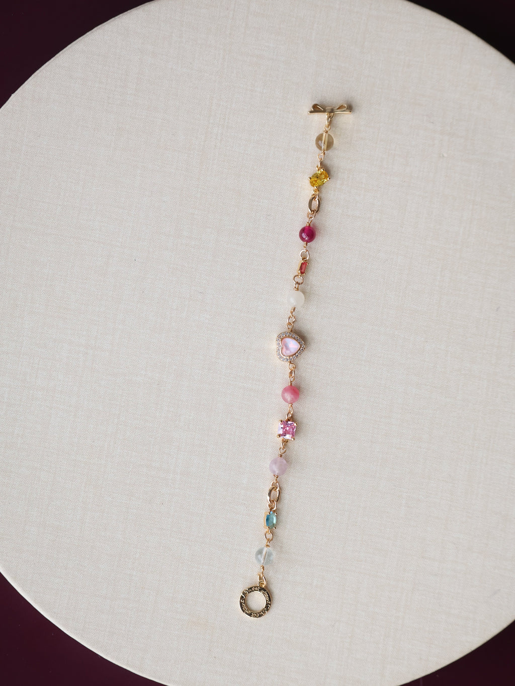 Rhodonite, Citrine, Moonstone, Blue Topaz, Ruby & Pink Purple Emerald Mica ¡ª Duobao Multi Gem with Heart Charm and Gem Charms | 6mm (OT Clasp, Chain)