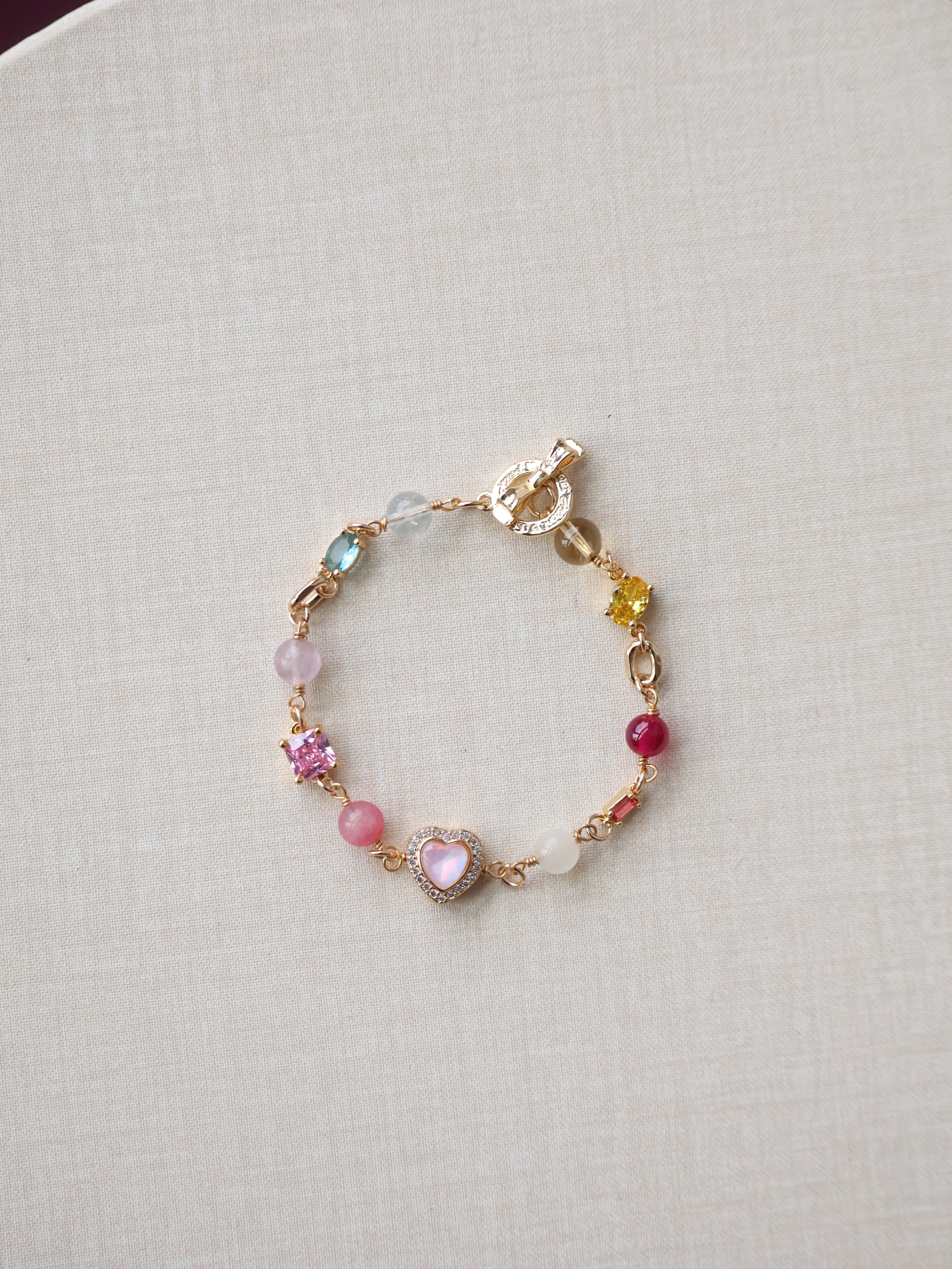 Rhodonite, Citrine, Moonstone, Blue Topaz, Ruby & Pink Purple Emerald Mica ¡ª Duobao Multi Gem with Heart Charm and Gem Charms | 6mm (OT Clasp, Chain)