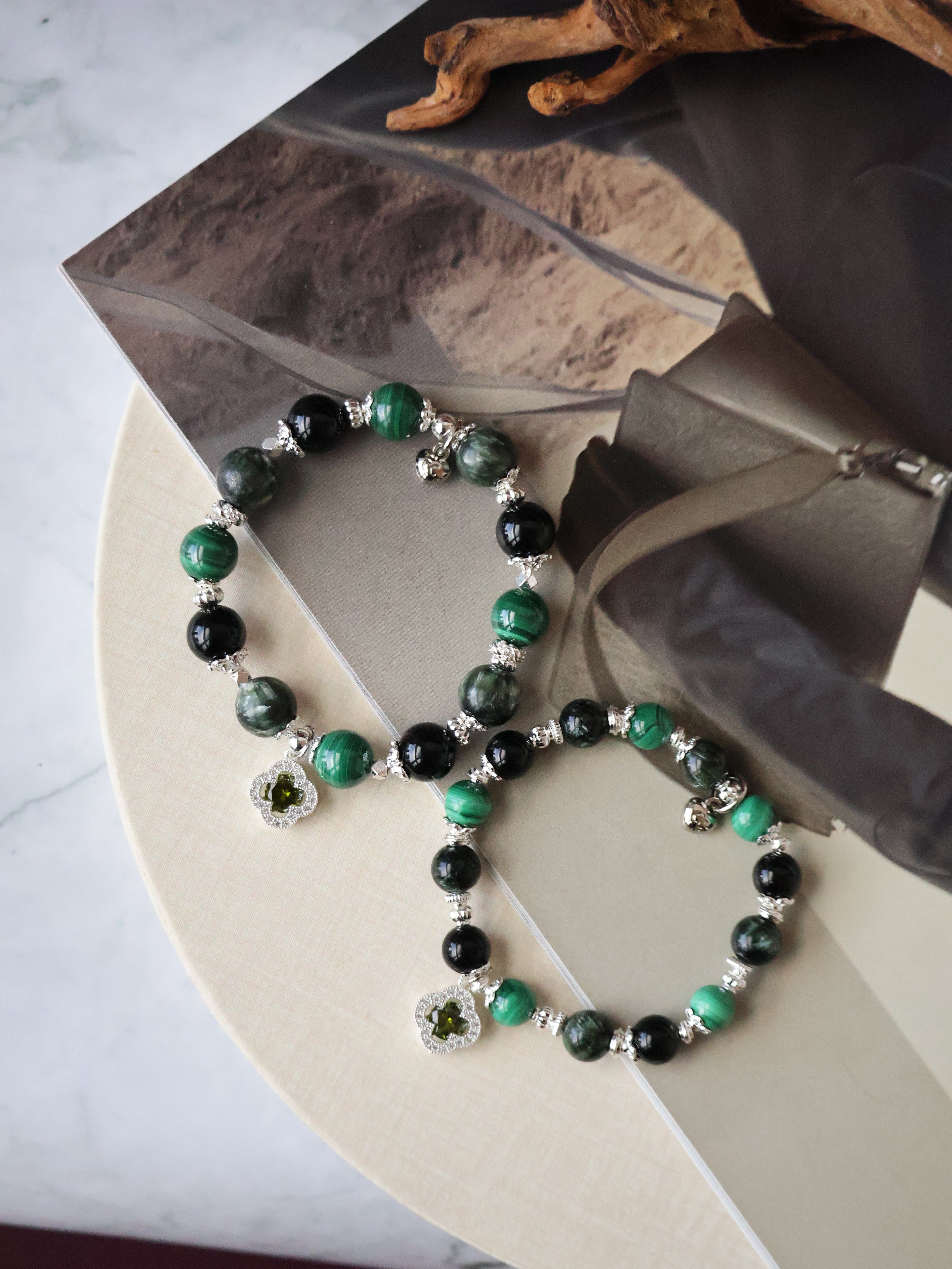 Malachite, Seraphinite & Black Tourmaline Crystal Bracelet ¡ª Cordelia Twin Sparkly Clover | 8mm + 10mm (Elastic)