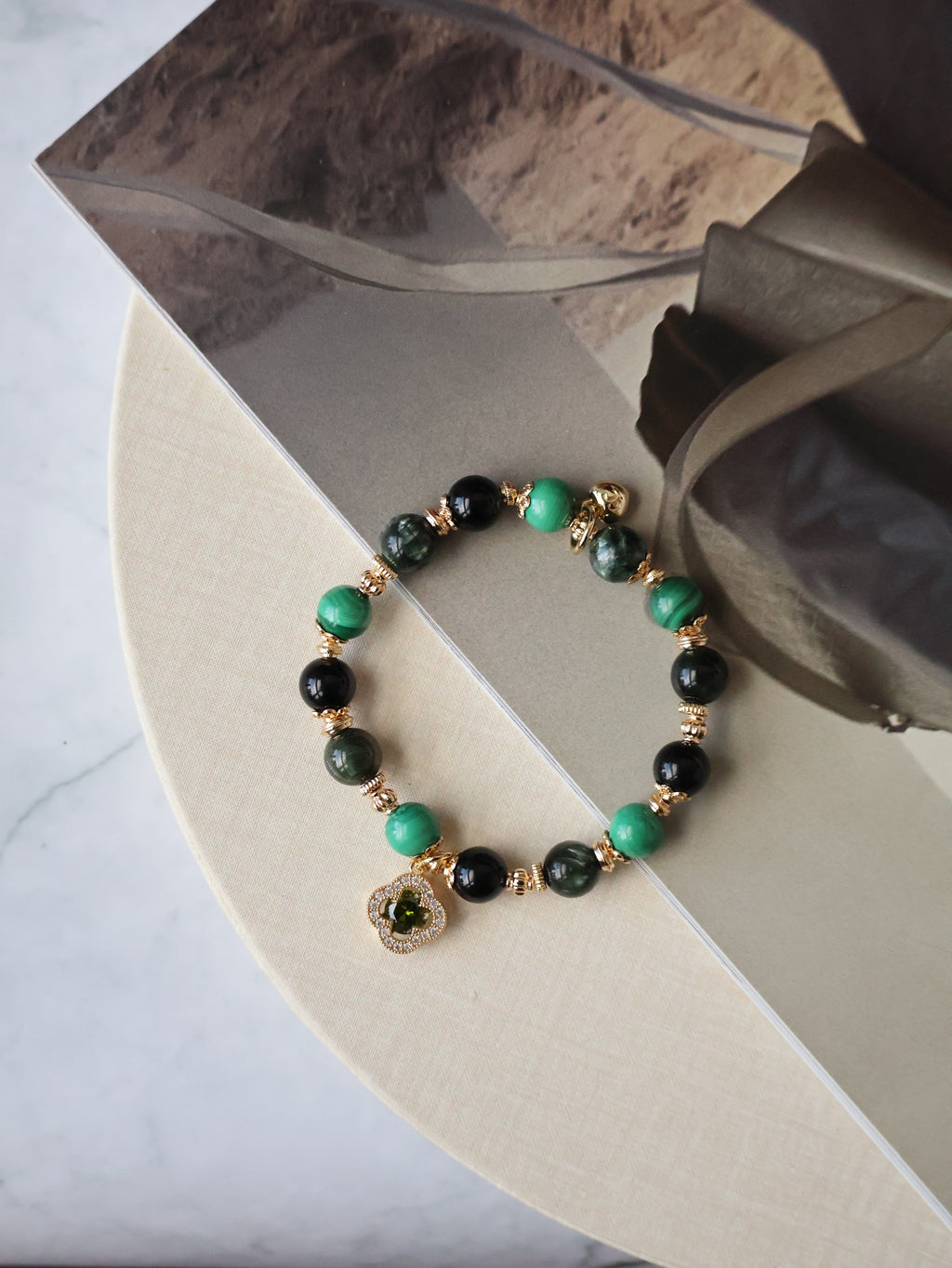 Malachite, Seraphinite & Black Tourmaline Crystal Bracelet ¡ª Cordelia Twin Sparkly Clover | 8mm + 10mm (Elastic)