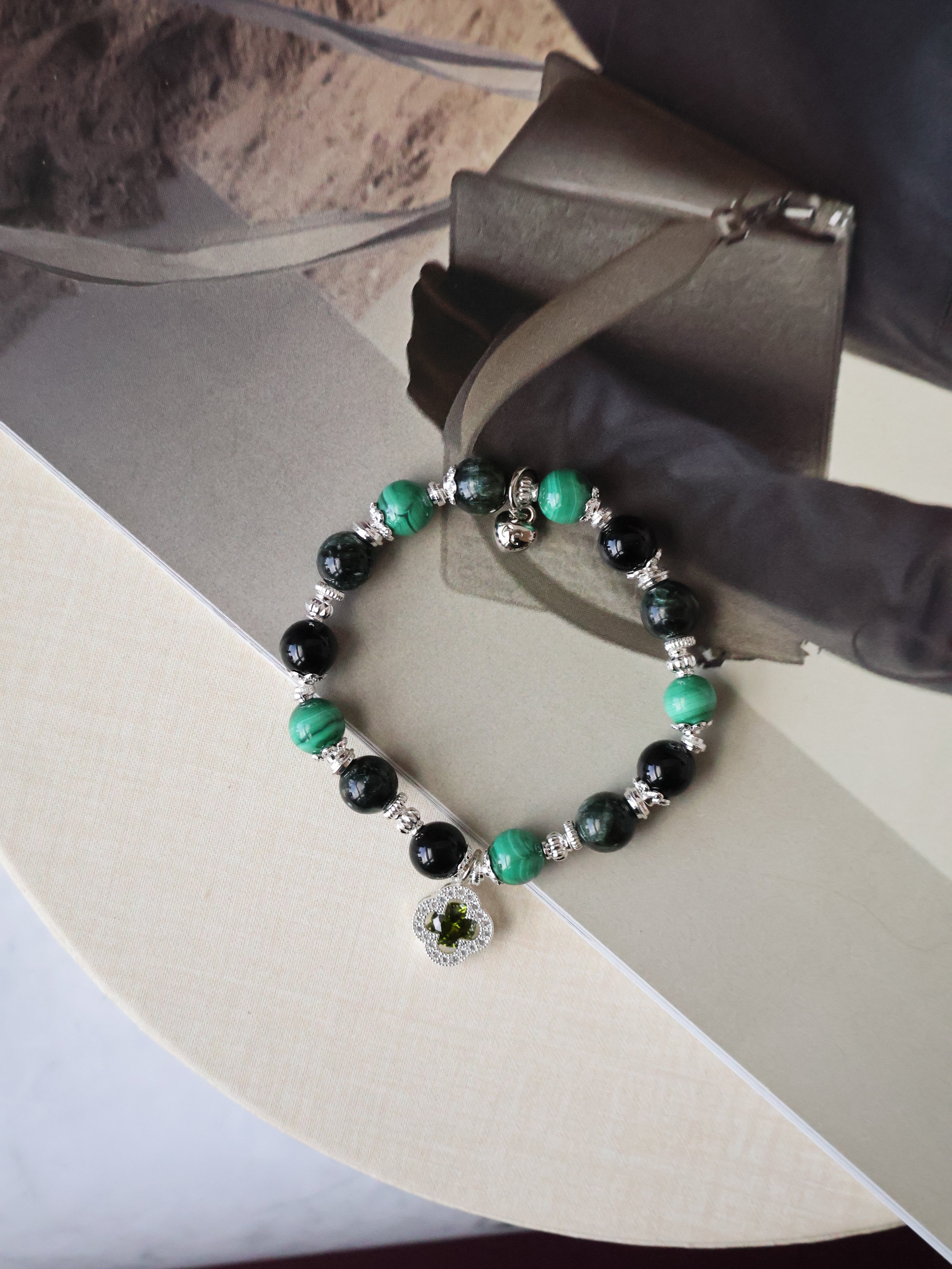 Malachite, Seraphinite & Black Tourmaline Crystal Bracelet ¡ª Cordelia Twin Sparkly Clover | 8mm + 10mm (Elastic)