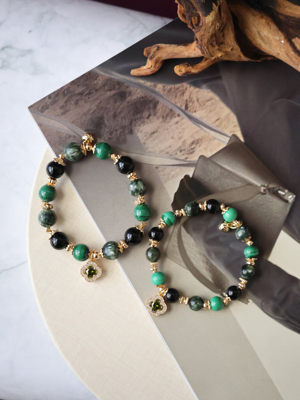 Malachite, Seraphinite & Black Tourmaline Crystal Bracelet ¡ª Cordelia Twin Sparkly Clover | 8mm + 10mm (Elastic)
