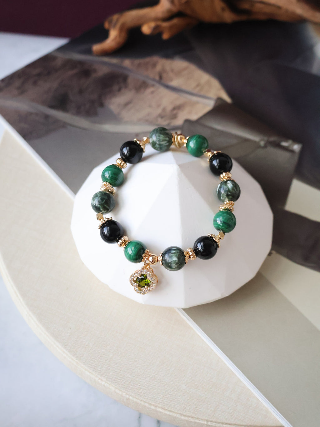 Malachite, Seraphinite & Black Tourmaline Crystal Bracelet ¡ª Cordelia Twin Sparkly Clover | 8mm + 10mm (Elastic)