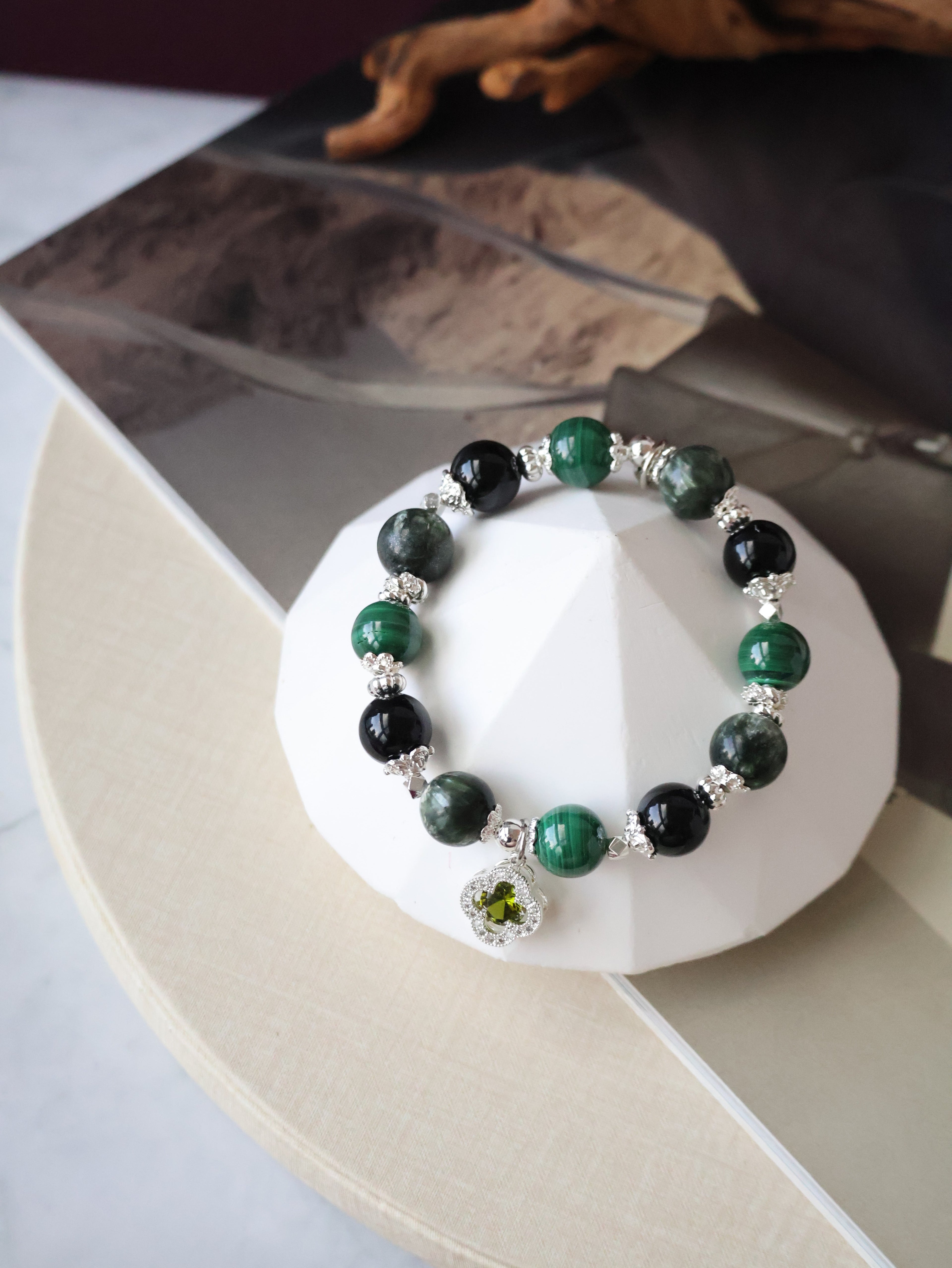 Malachite, Seraphinite & Black Tourmaline Crystal Bracelet ¡ª Cordelia Twin Sparkly Clover | 8mm + 10mm (Elastic)