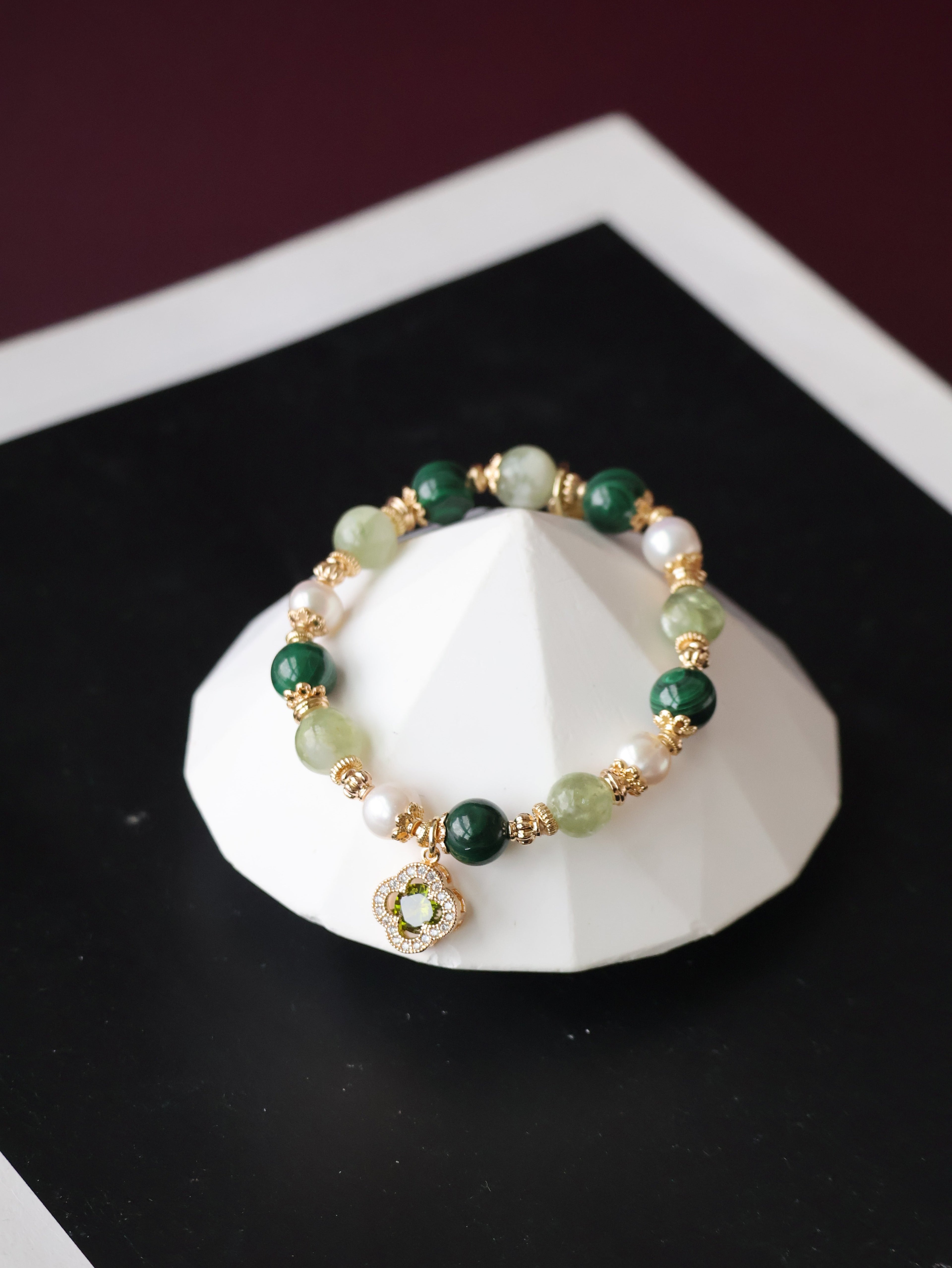 Malachite, Green Emerald Mica & Freshwater Pearl Crystal Bracelet ¡ª Cordelia Twin Sparkly Clover | 8mm + 10mm (Elastic)