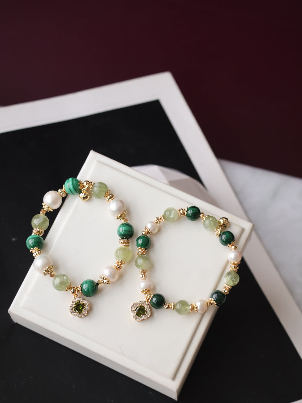 Malachite, Green Emerald Mica & Freshwater Pearl Crystal Bracelet ¡ª Cordelia Twin Sparkly Clover | 8mm + 10mm (Elastic)