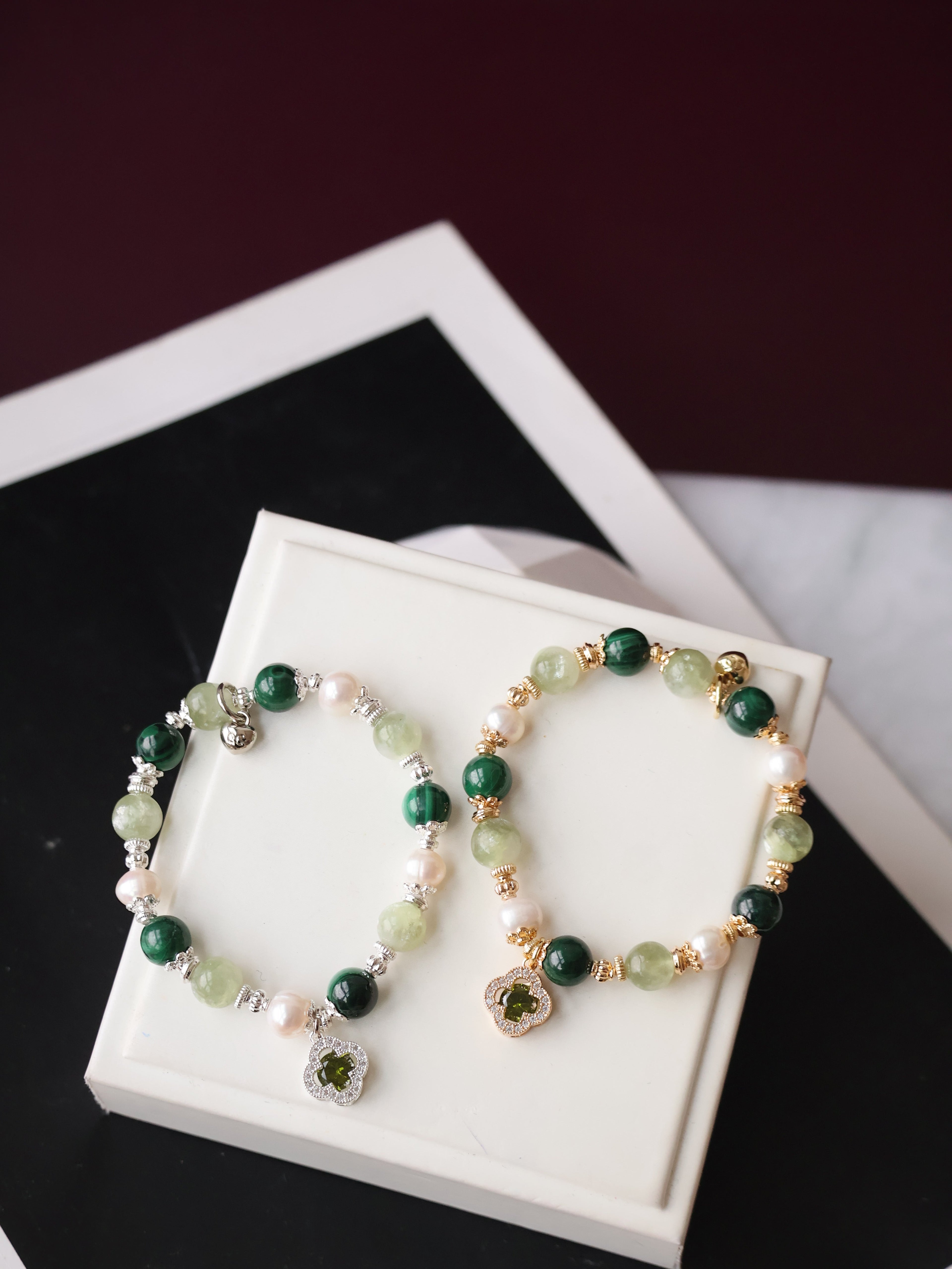 Malachite, Green Emerald Mica & Freshwater Pearl Crystal Bracelet ¡ª Cordelia Twin Sparkly Clover | 8mm + 10mm (Elastic)
