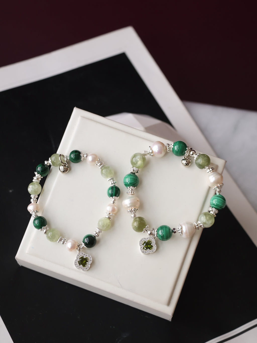 Malachite, Green Emerald Mica & Freshwater Pearl Crystal Bracelet ¡ª Cordelia Twin Sparkly Clover | 8mm + 10mm (Elastic)