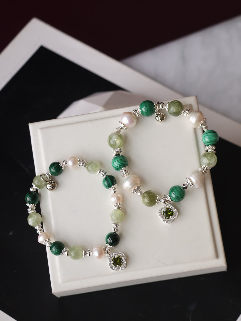 Malachite, Green Emerald Mica & Freshwater Pearl Crystal Bracelet ¡ª Cordelia Twin Sparkly Clover | 8mm + 10mm (Elastic)