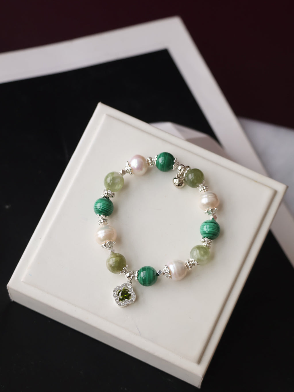 Malachite, Green Emerald Mica & Freshwater Pearl Crystal Bracelet ¡ª Cordelia Twin Sparkly Clover | 8mm + 10mm (Elastic)