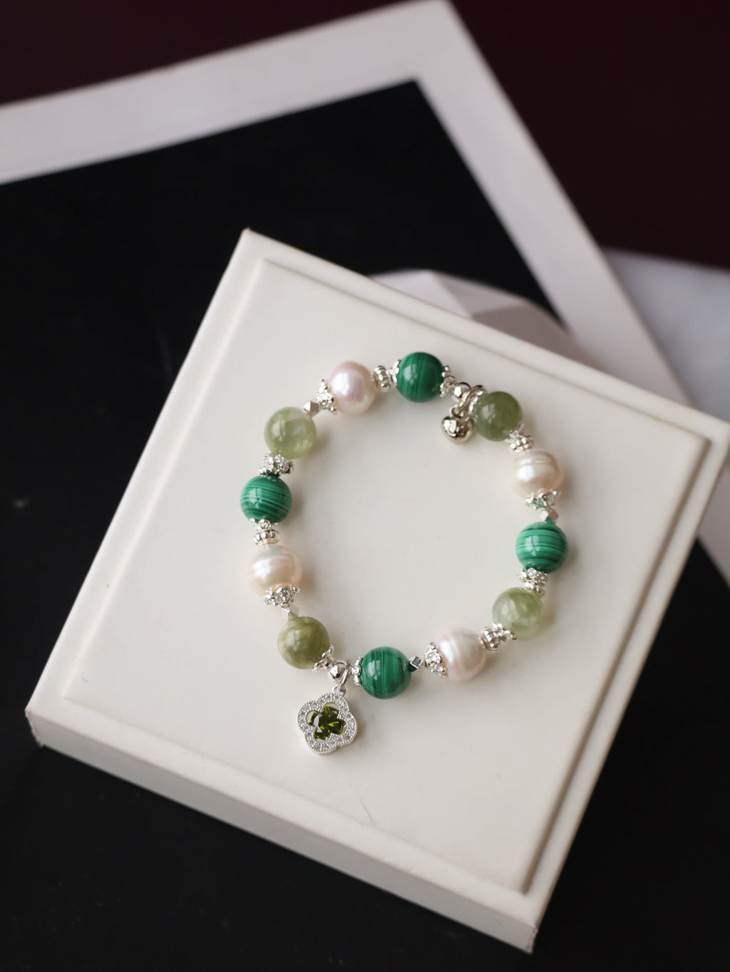 Malachite, Green Emerald Mica & Freshwater Pearl Crystal Bracelet ¡ª Cordelia Twin Sparkly Clover | 8mm + 10mm (Elastic)