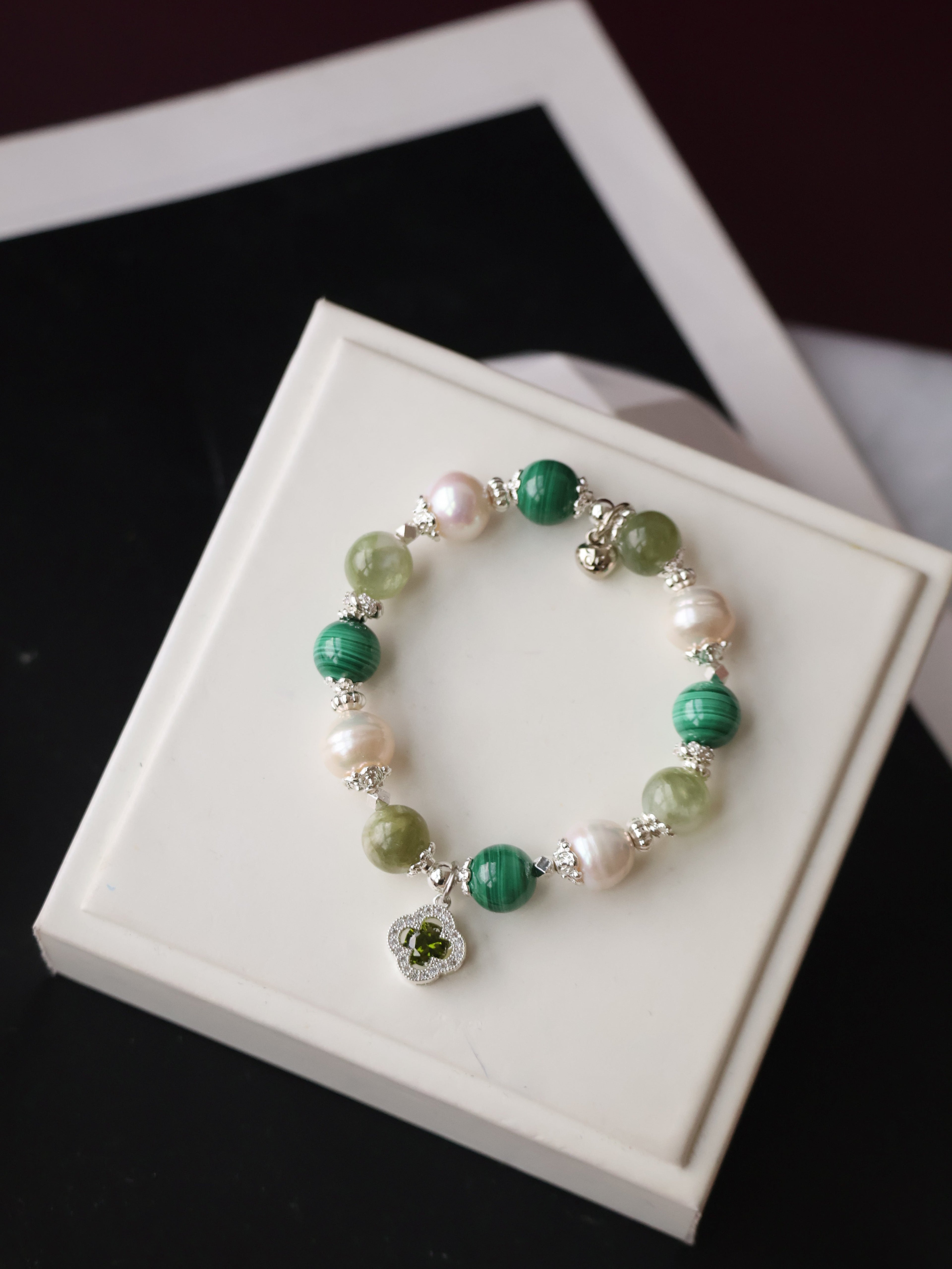 Malachite, Green Emerald Mica & Freshwater Pearl Crystal Bracelet ¡ª Cordelia Twin Sparkly Clover | 8mm + 10mm (Elastic)