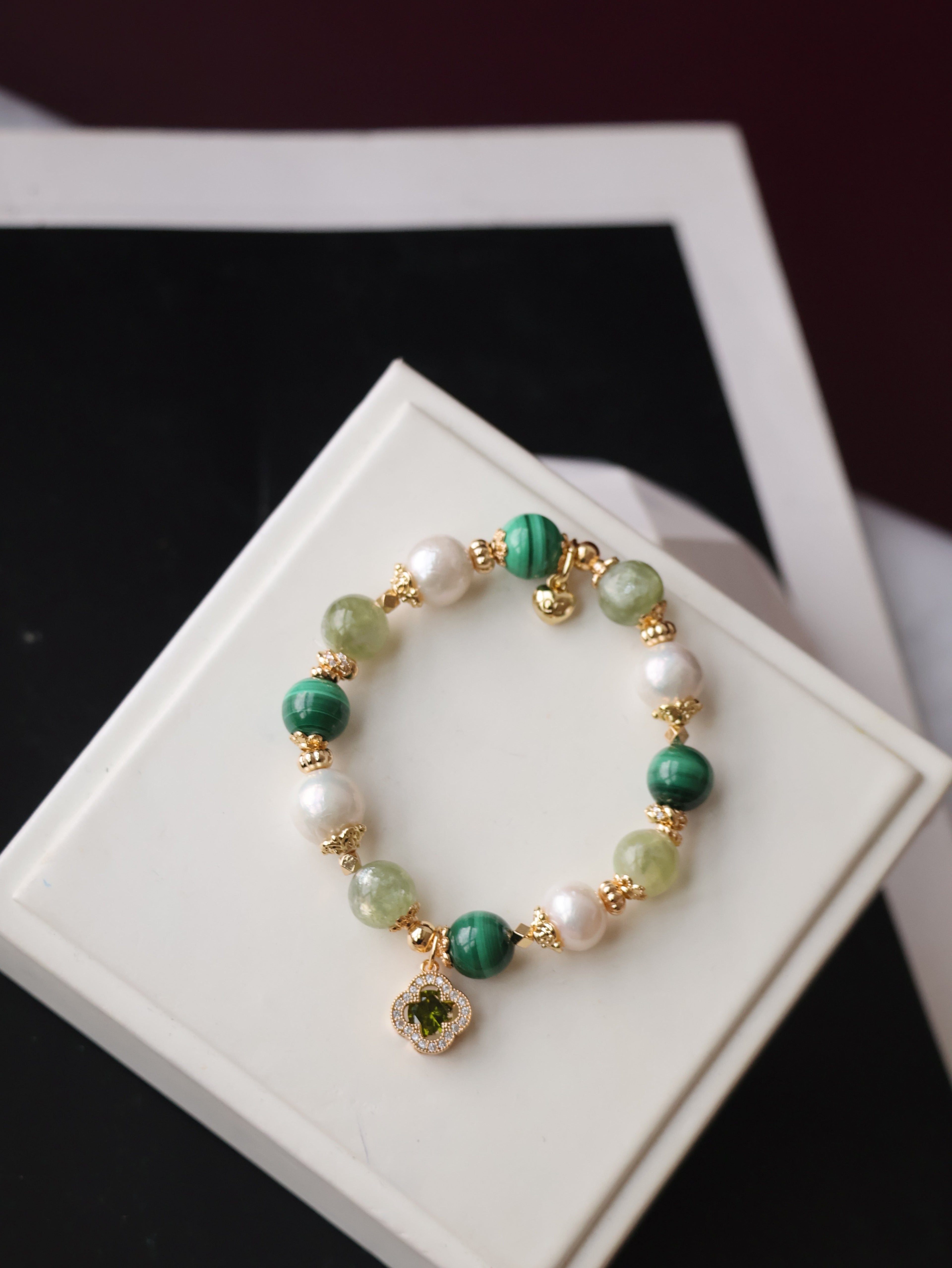 Malachite, Green Emerald Mica & Freshwater Pearl Crystal Bracelet ¡ª Cordelia Twin Sparkly Clover | 8mm + 10mm (Elastic)