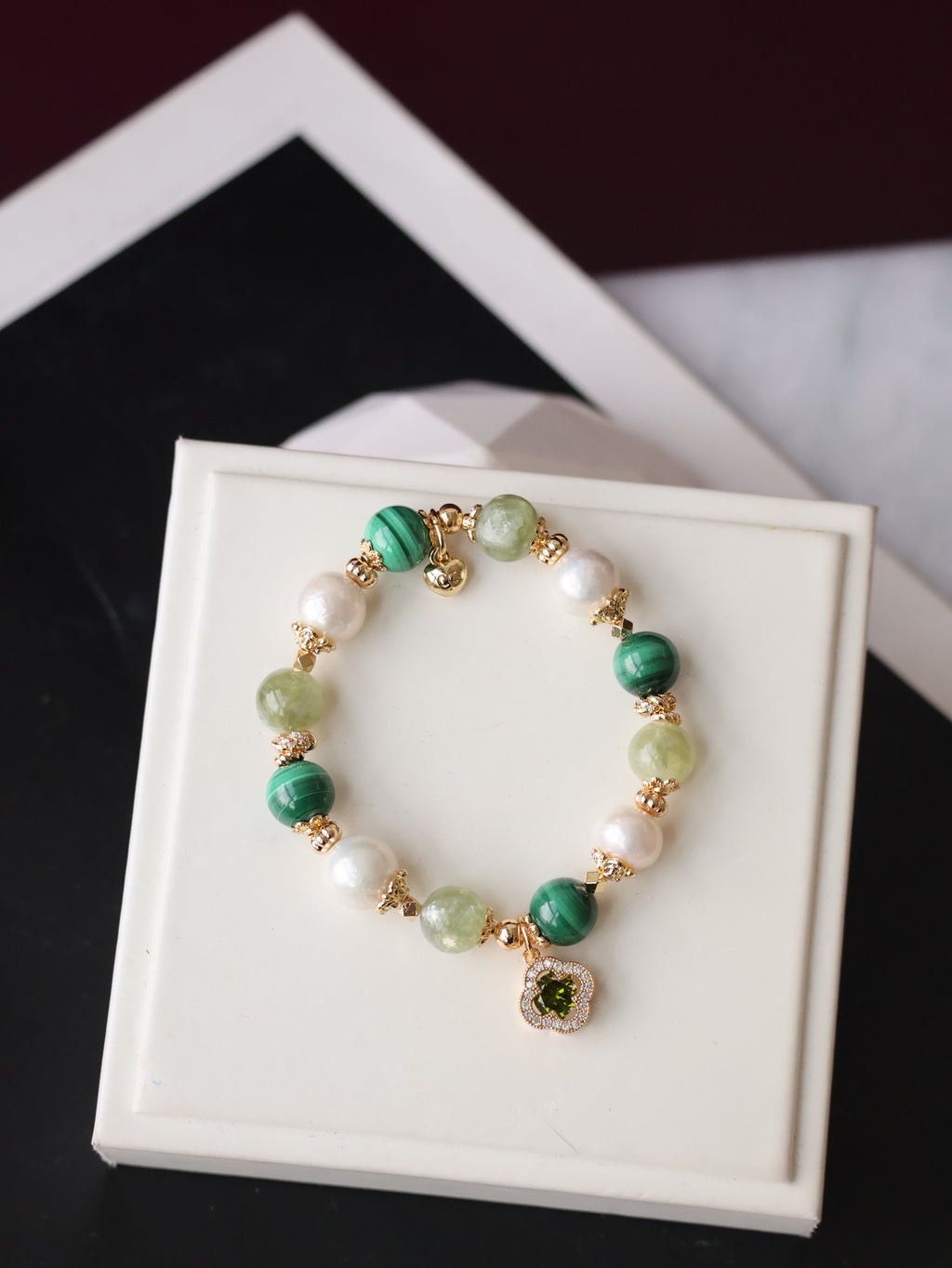 Malachite, Green Emerald Mica & Freshwater Pearl Crystal Bracelet ¡ª Cordelia Twin Sparkly Clover | 8mm + 10mm (Elastic)