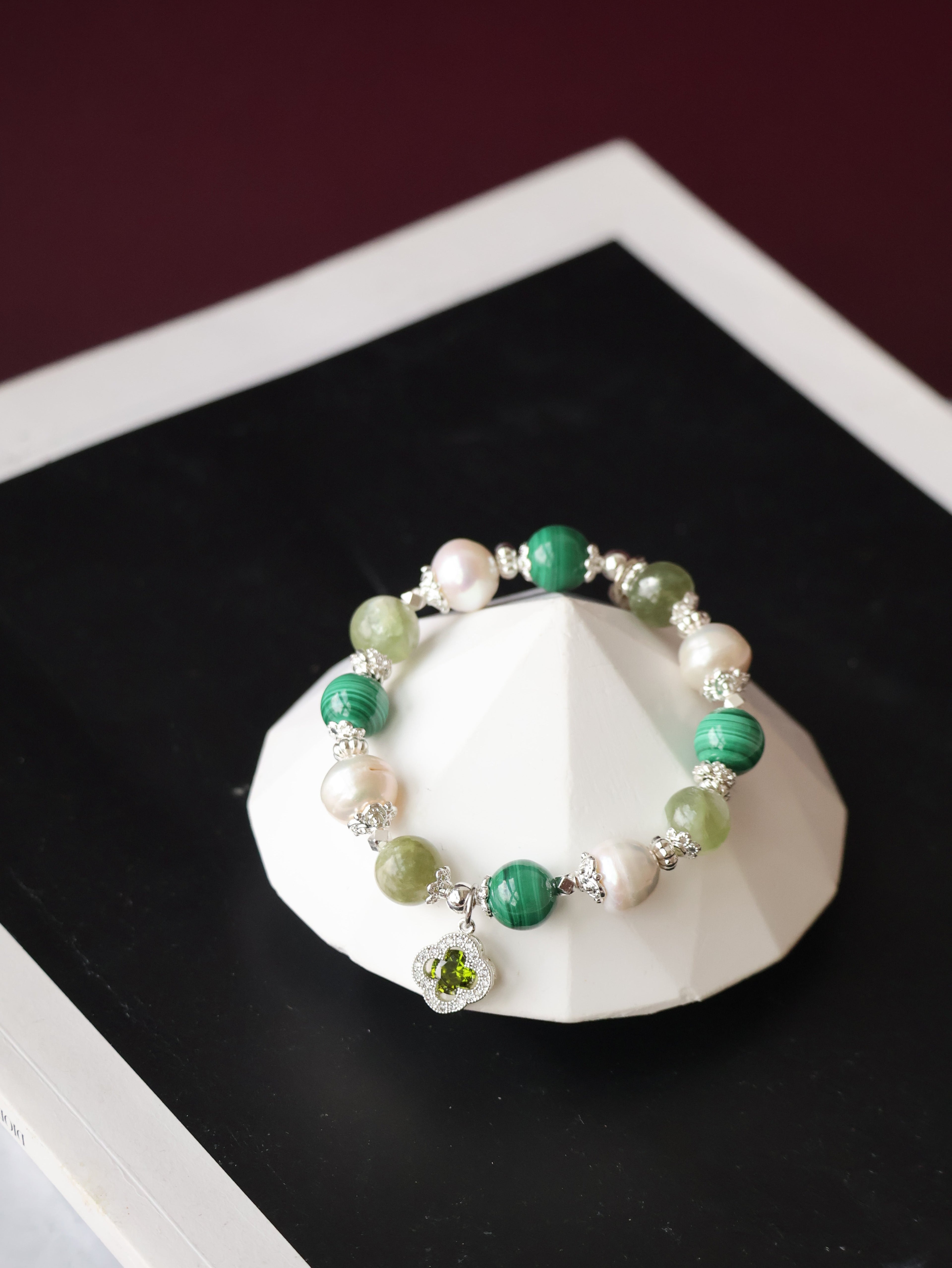 Malachite, Green Emerald Mica & Freshwater Pearl Crystal Bracelet ¡ª Cordelia Twin Sparkly Clover | 8mm + 10mm (Elastic)