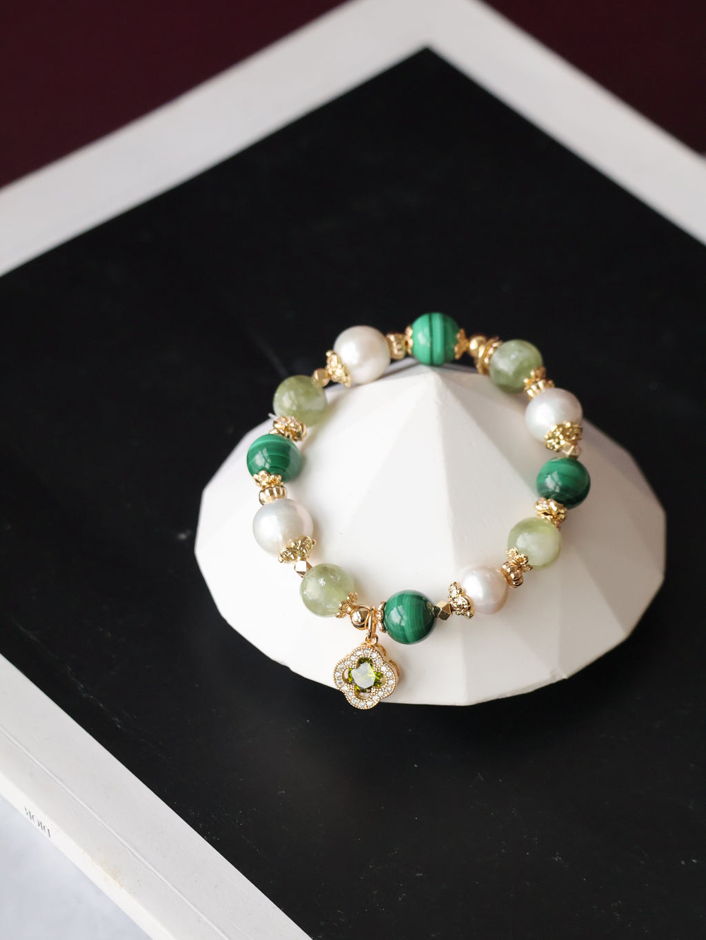 Malachite, Green Emerald Mica & Freshwater Pearl Crystal Bracelet ¡ª Cordelia Twin Sparkly Clover | 8mm + 10mm (Elastic)