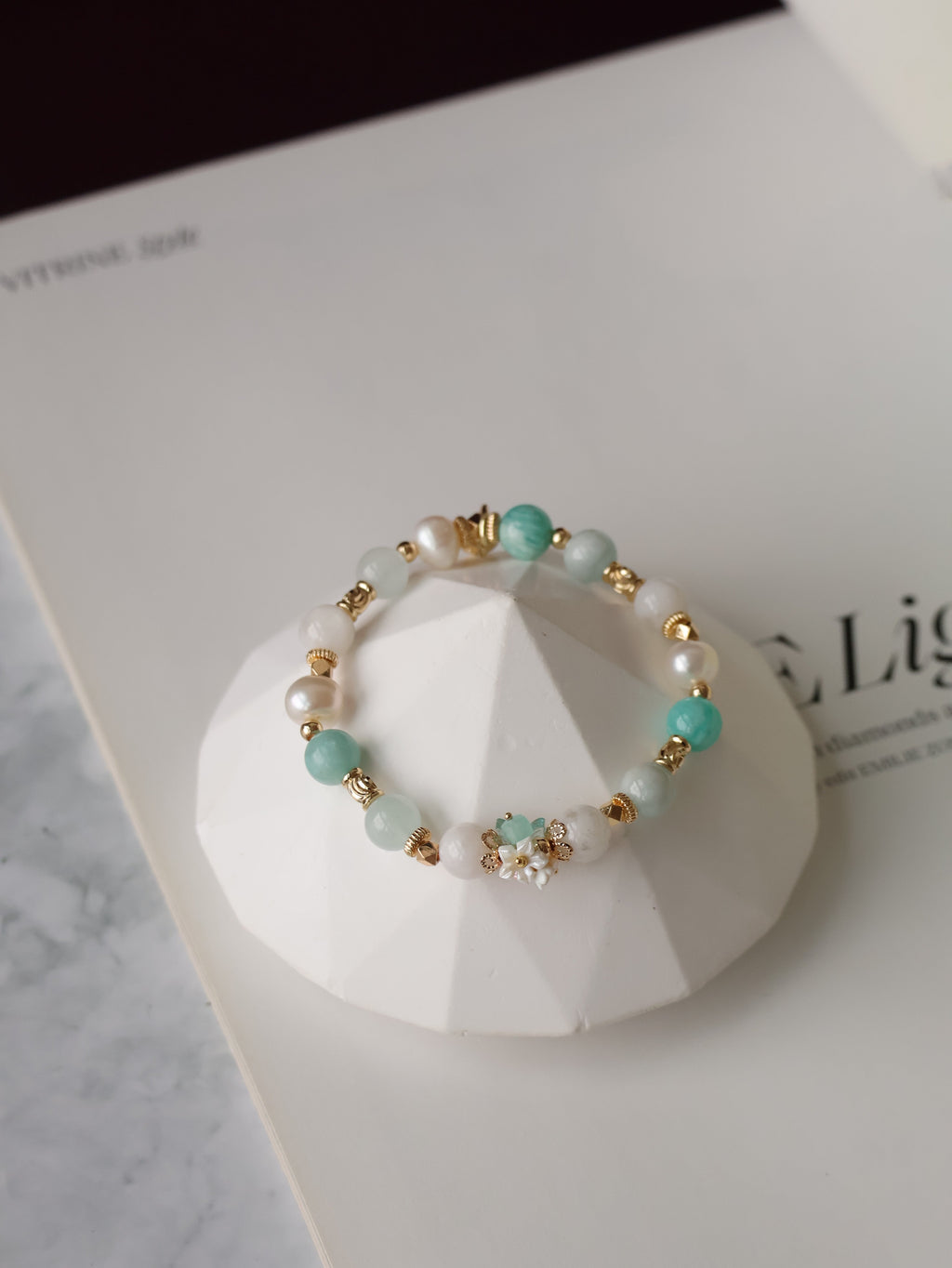 Amazonite, Freshwater Pearl, Aquamarine & Snow Garden Rose Quartz Crystal Bracelet ¡ª Freina | 8mm (Elastic)