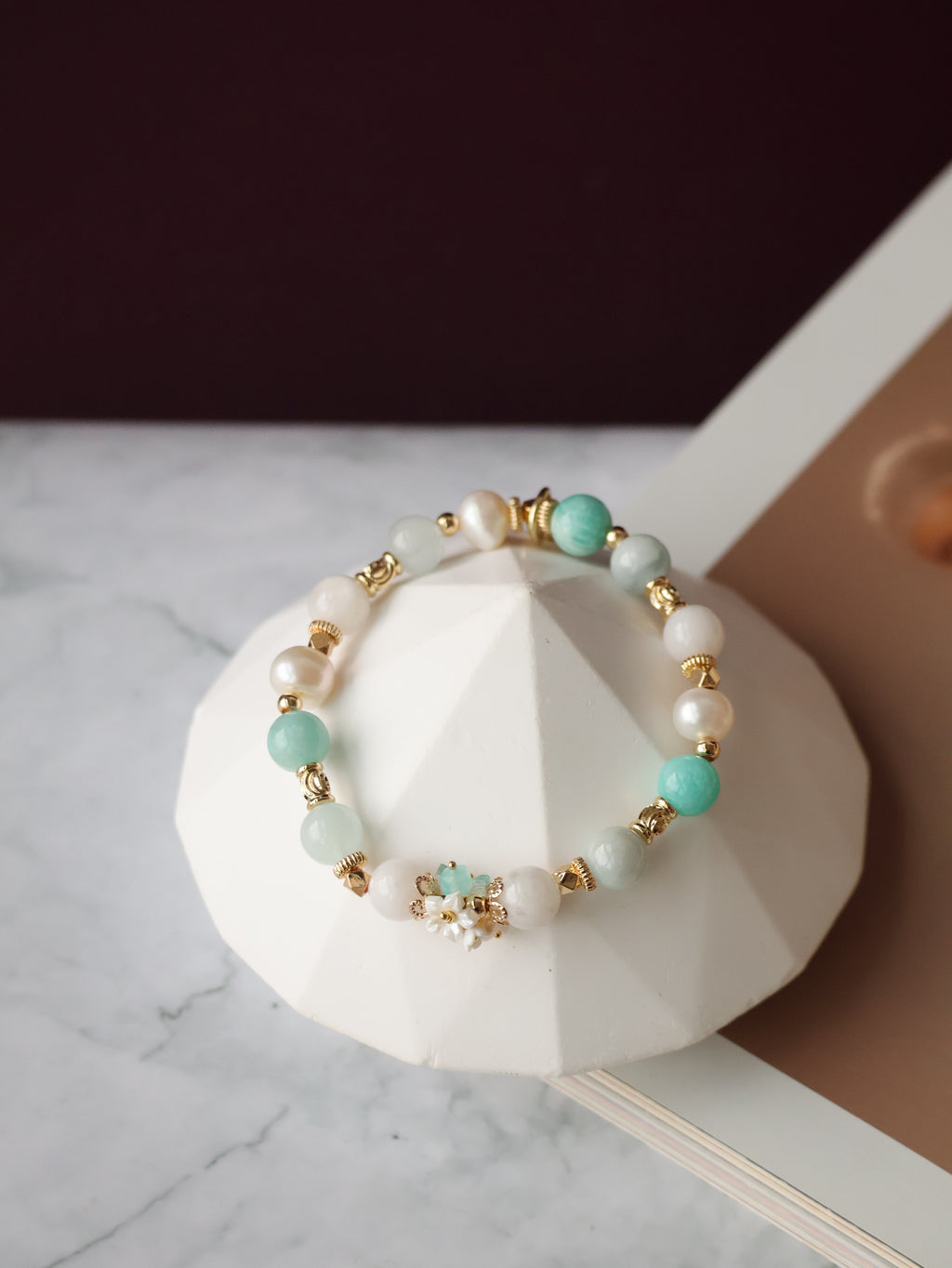 Amazonite, Freshwater Pearl, Aquamarine & Snow Garden Rose Quartz Crystal Bracelet ¡ª Freina | 8mm (Elastic)