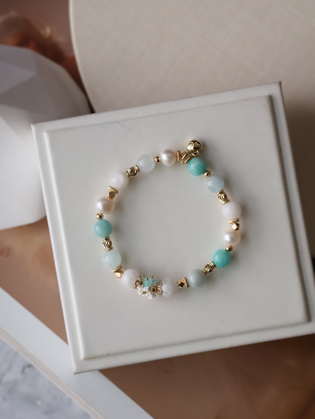 Amazonite, Freshwater Pearl, Aquamarine & Snow Garden Rose Quartz Crystal Bracelet ¡ª Freina | 8mm (Elastic)