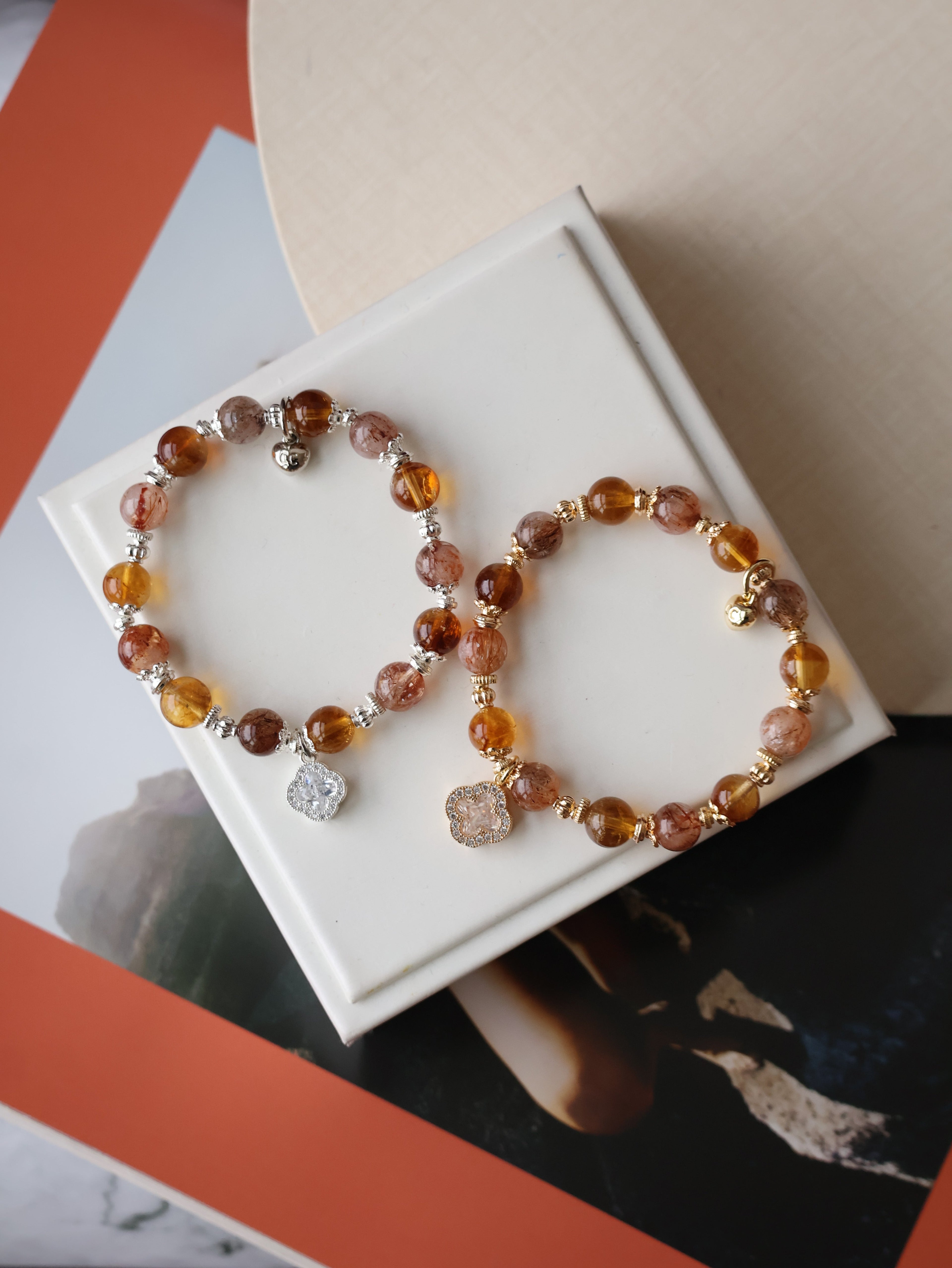 Citrine & Black Gold Super 7 Crystal Bracelet ¡ª Cordelia Twin Sparkly Clover | 8mm + 10mm (Elastic)