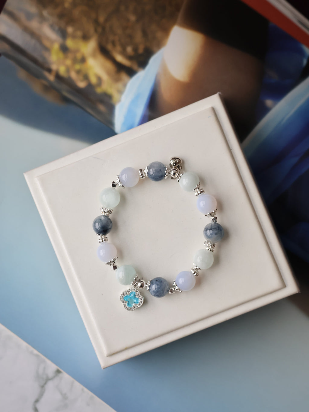 Blue Chalcedony, Aquamarine & Blue Rabbit Hair Crystal Bracelet ¡ª Cordelia Twin Sparkly Clover | 8mm + 10mm (Elastic)