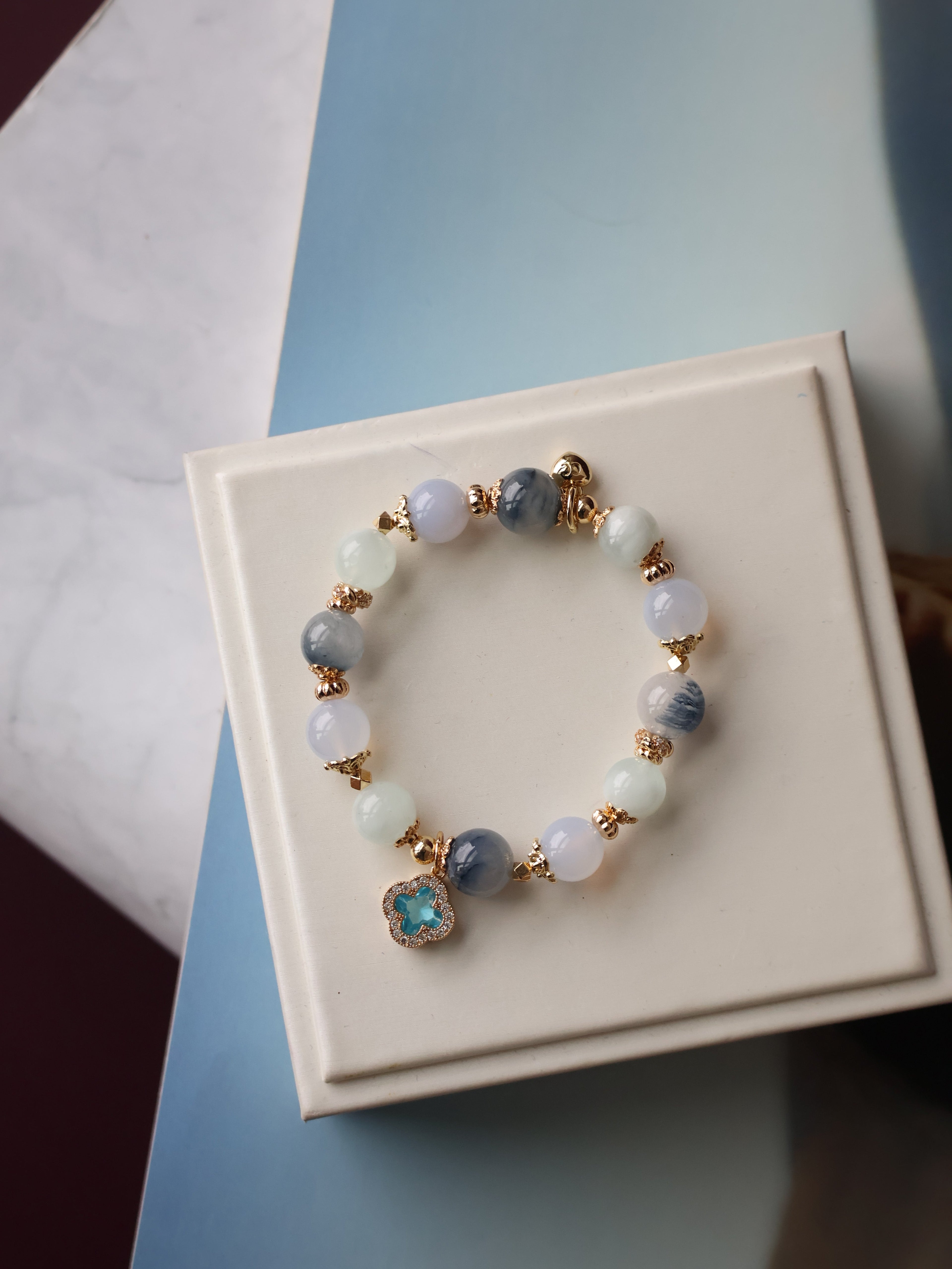 Blue Chalcedony, Aquamarine & Blue Rabbit Hair Crystal Bracelet ¡ª Cordelia Twin Sparkly Clover | 8mm + 10mm (Elastic)