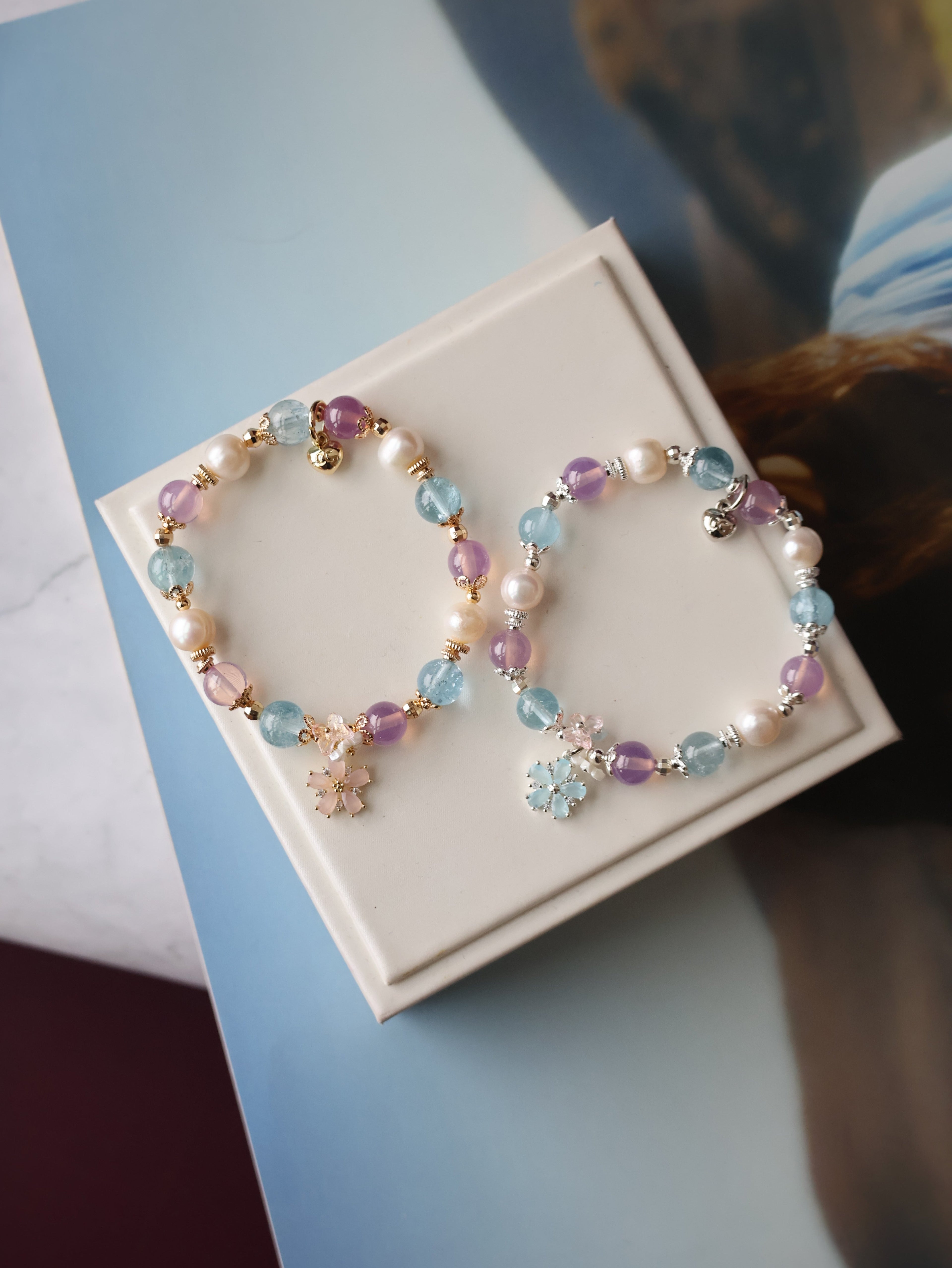 Ruby, Blue Topaz & Freshwater Pearl Crystal Bracelet with Flower Charm ¡ª Arendelle | 8mm (Elastic)