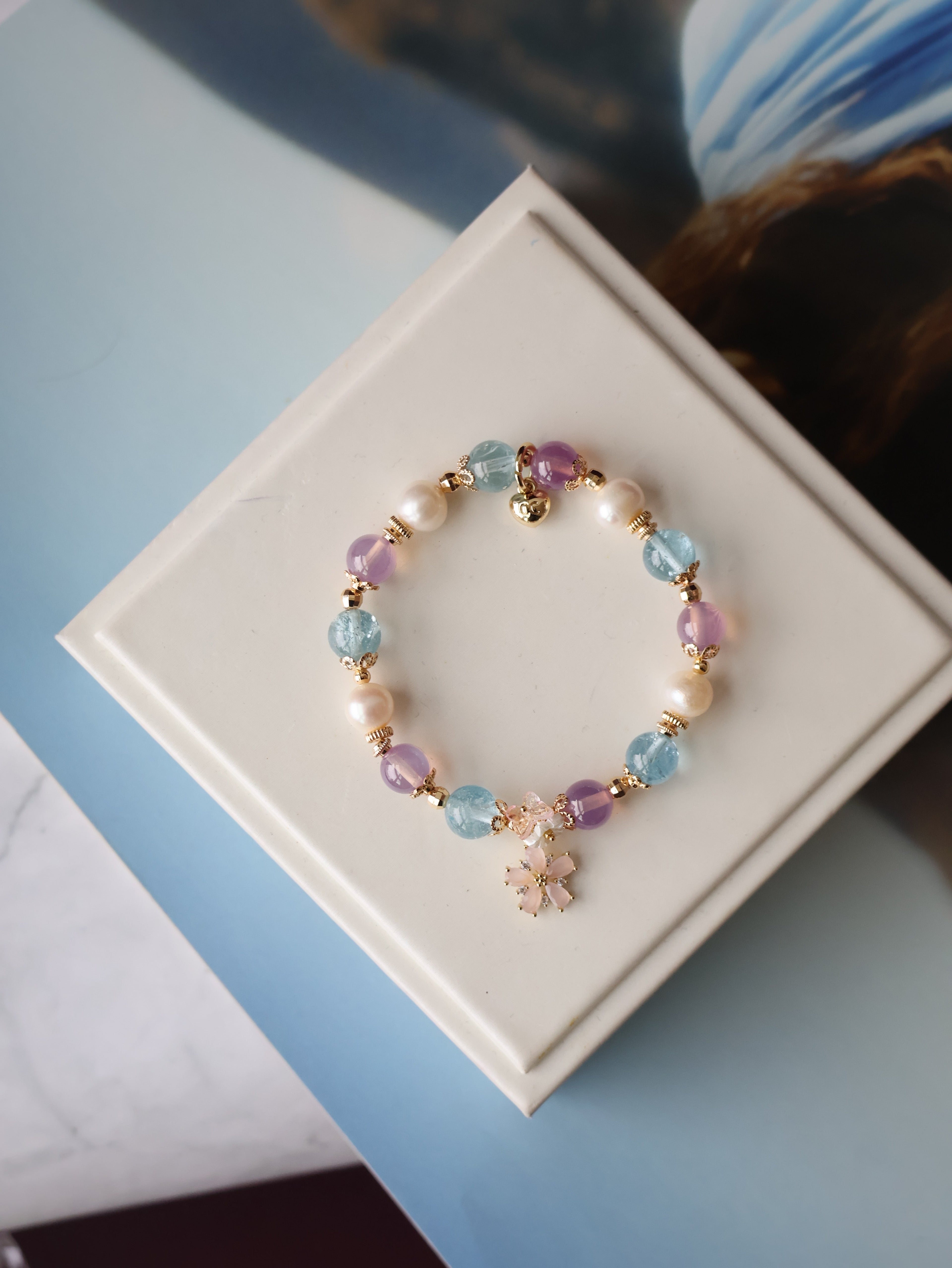 Ruby, Blue Topaz & Freshwater Pearl Crystal Bracelet with Flower Charm ¡ª Arendelle | 8mm (Elastic)