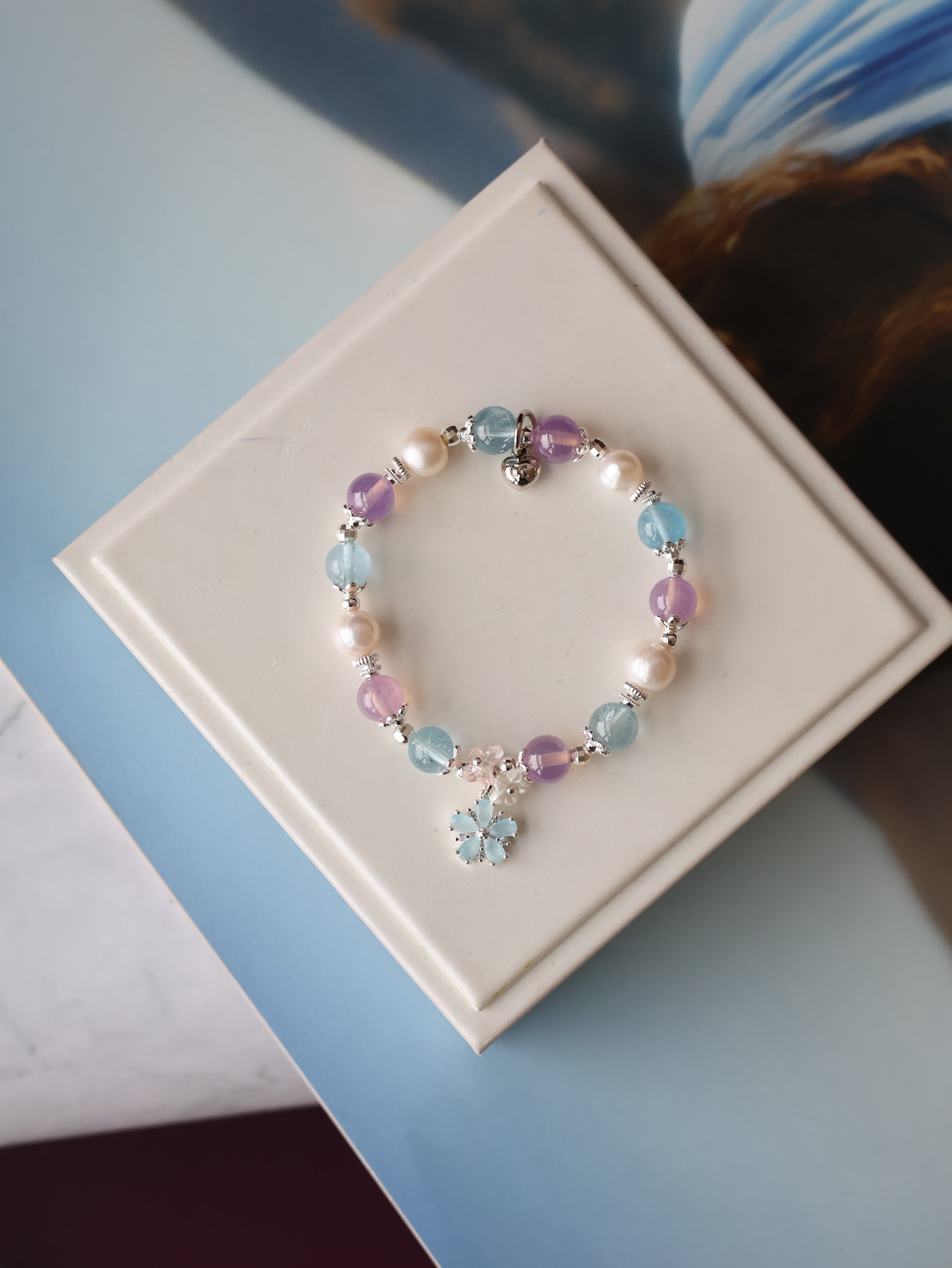 Ruby, Blue Topaz & Freshwater Pearl Crystal Bracelet with Flower Charm ¡ª Arendelle | 8mm (Elastic)
