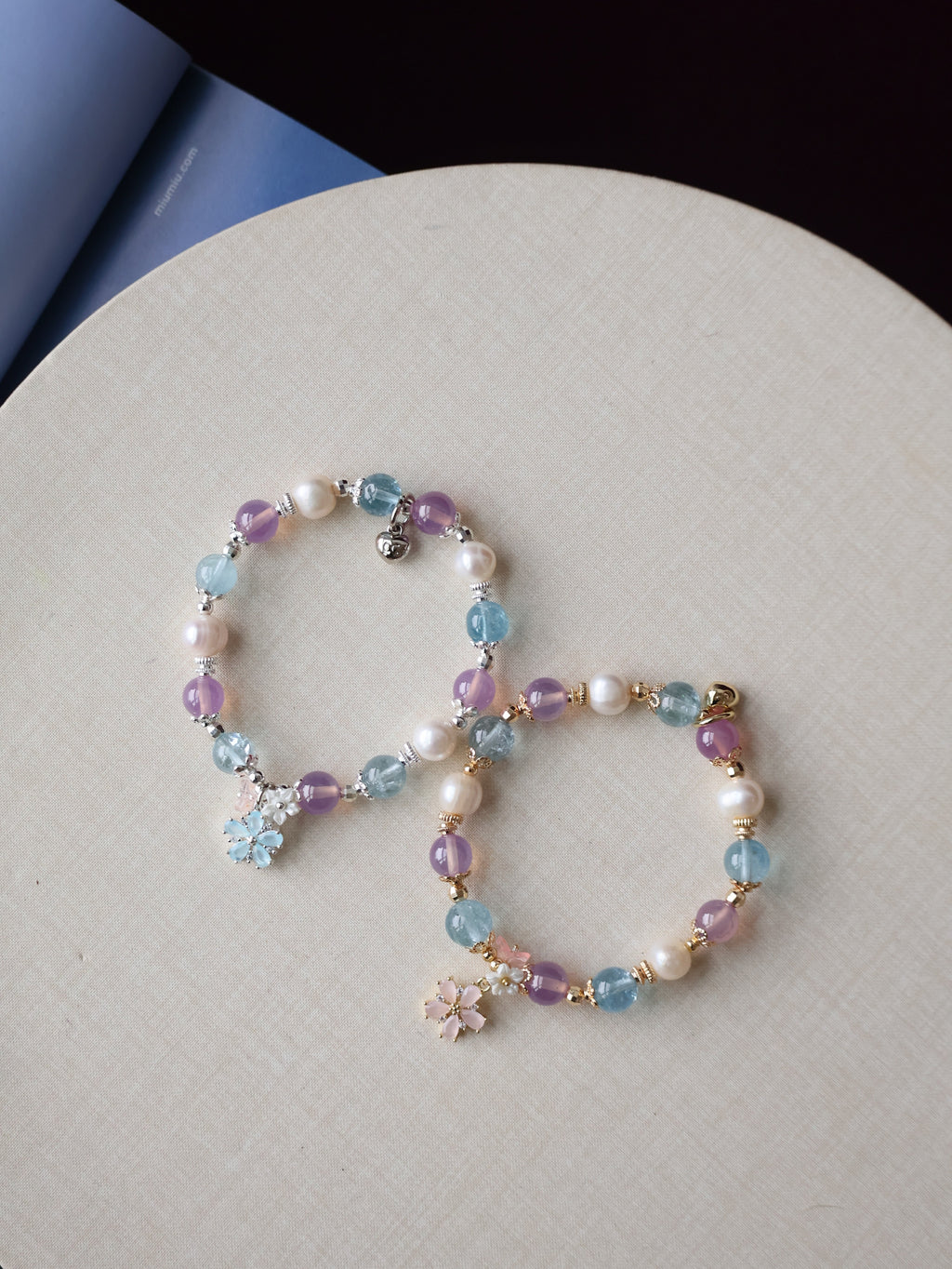 Ruby, Blue Topaz & Freshwater Pearl Crystal Bracelet with Flower Charm ¡ª Arendelle | 8mm (Elastic)